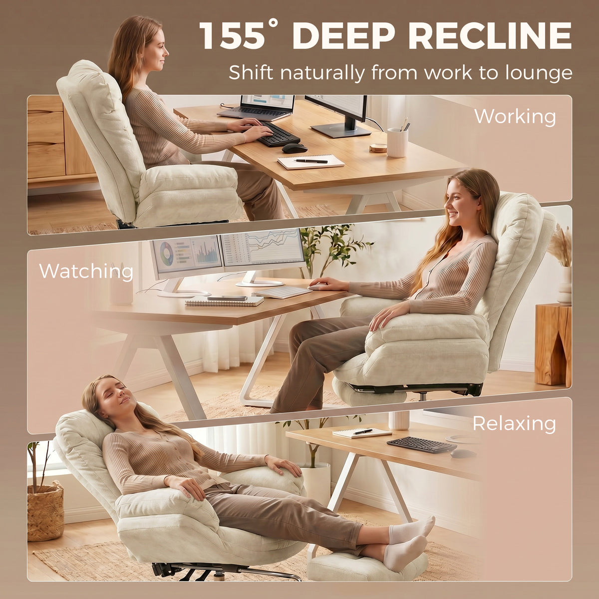 Criss Cross Office Chair with Footrest, Swivel Wheels, Wide Task Desk Chair with Overstuffed Reclining Backrest, Waterfall Arms, Adjustable Height, Cross Legged, Beige