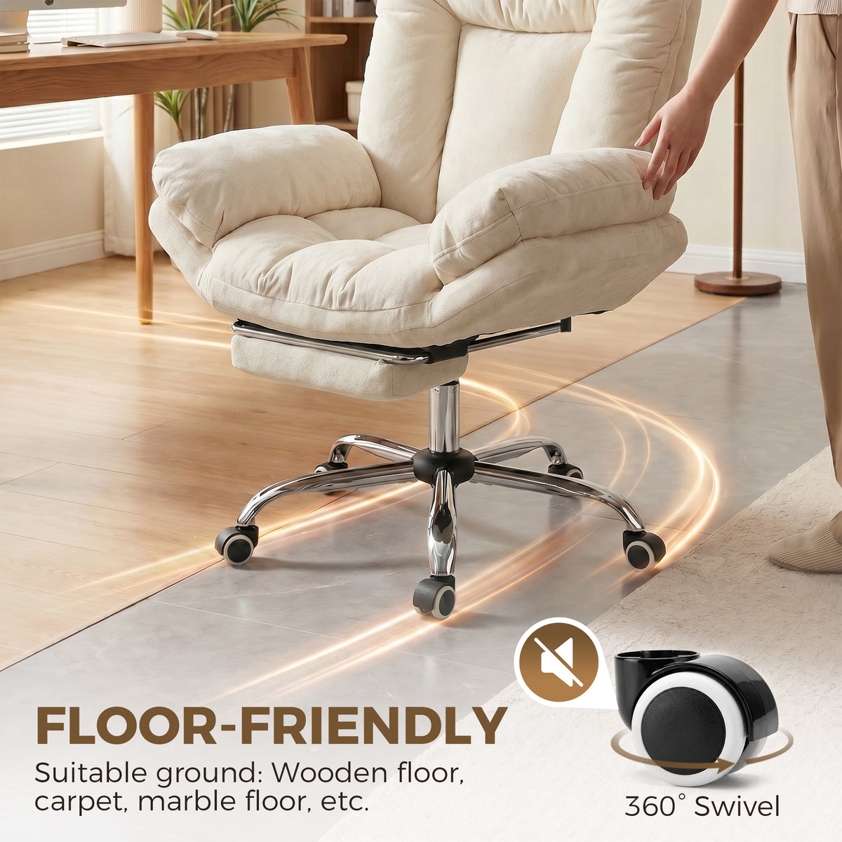 Criss Cross Office Chair with Footrest, Swivel Wheels, Wide Task Desk Chair with Overstuffed Reclining Backrest, Waterfall Arms, Adjustable Height, Cross Legged, Beige
