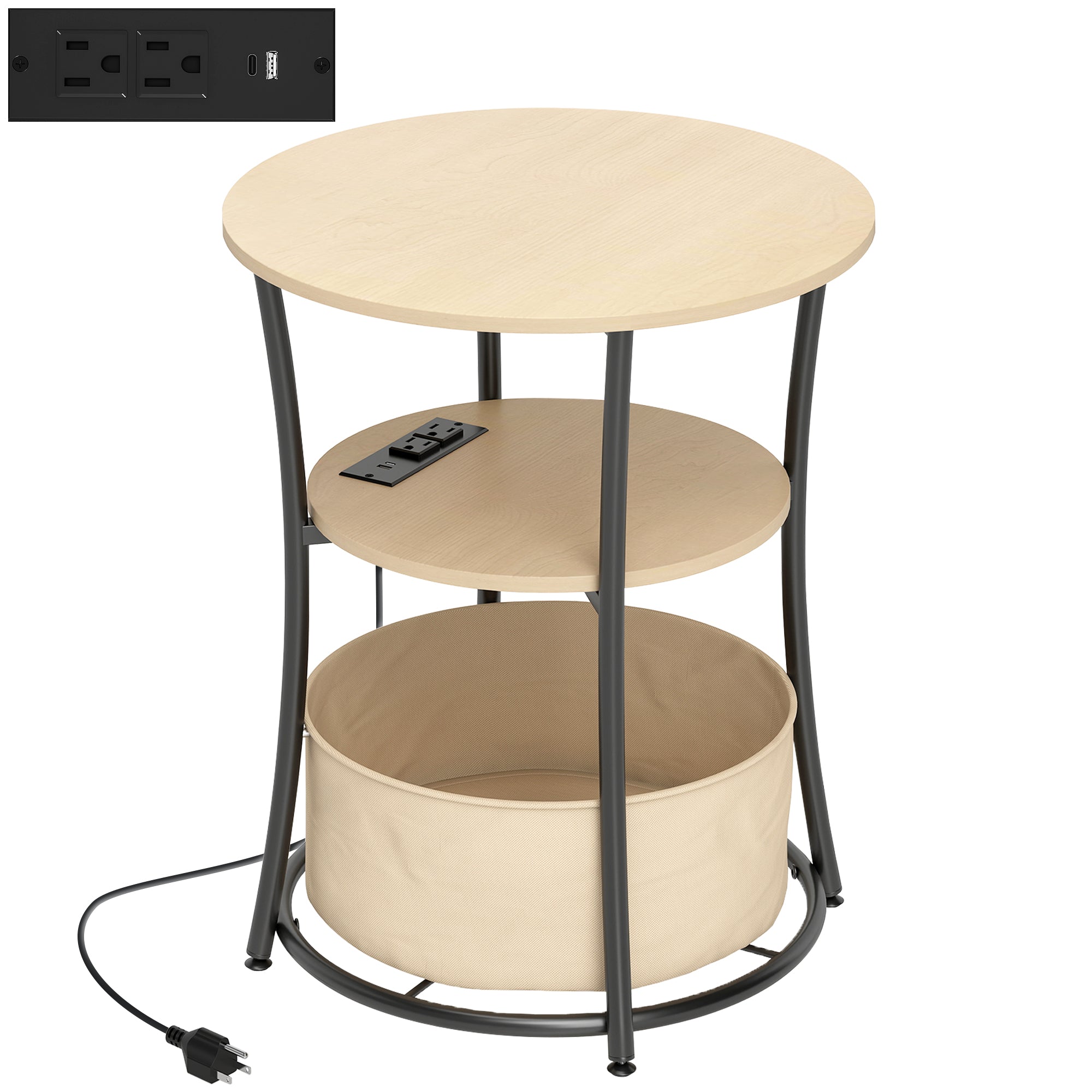 Round Side Table with Charging Station, 3-Tier End Table with Fabric Storage Bag, Shelf and Steel Frame for Living Room, Natural Wood
