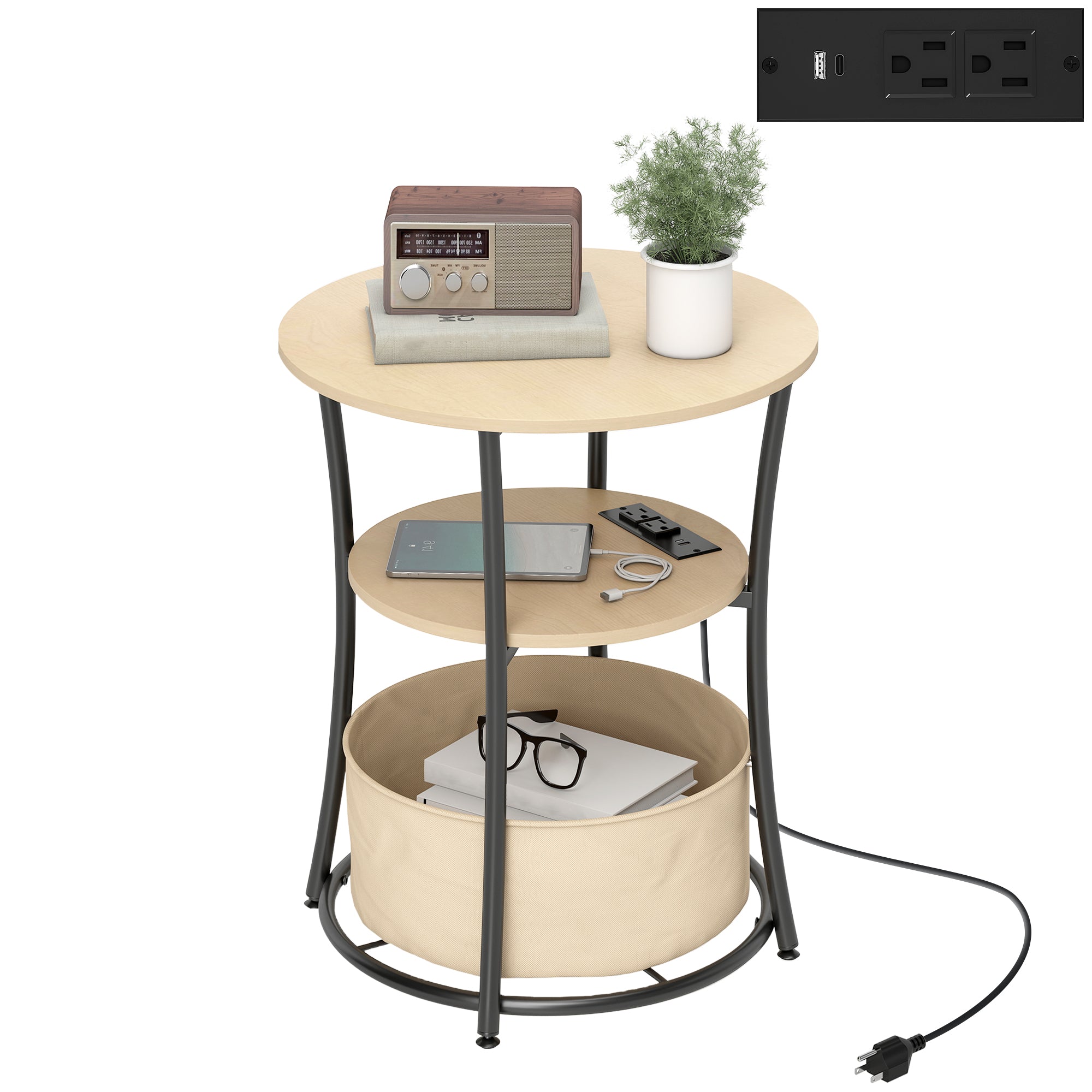 Round Side Table with Charging Station, 3-Tier End Table with Fabric Storage Bag, Shelf and Steel Frame for Living Room, Natural Wood