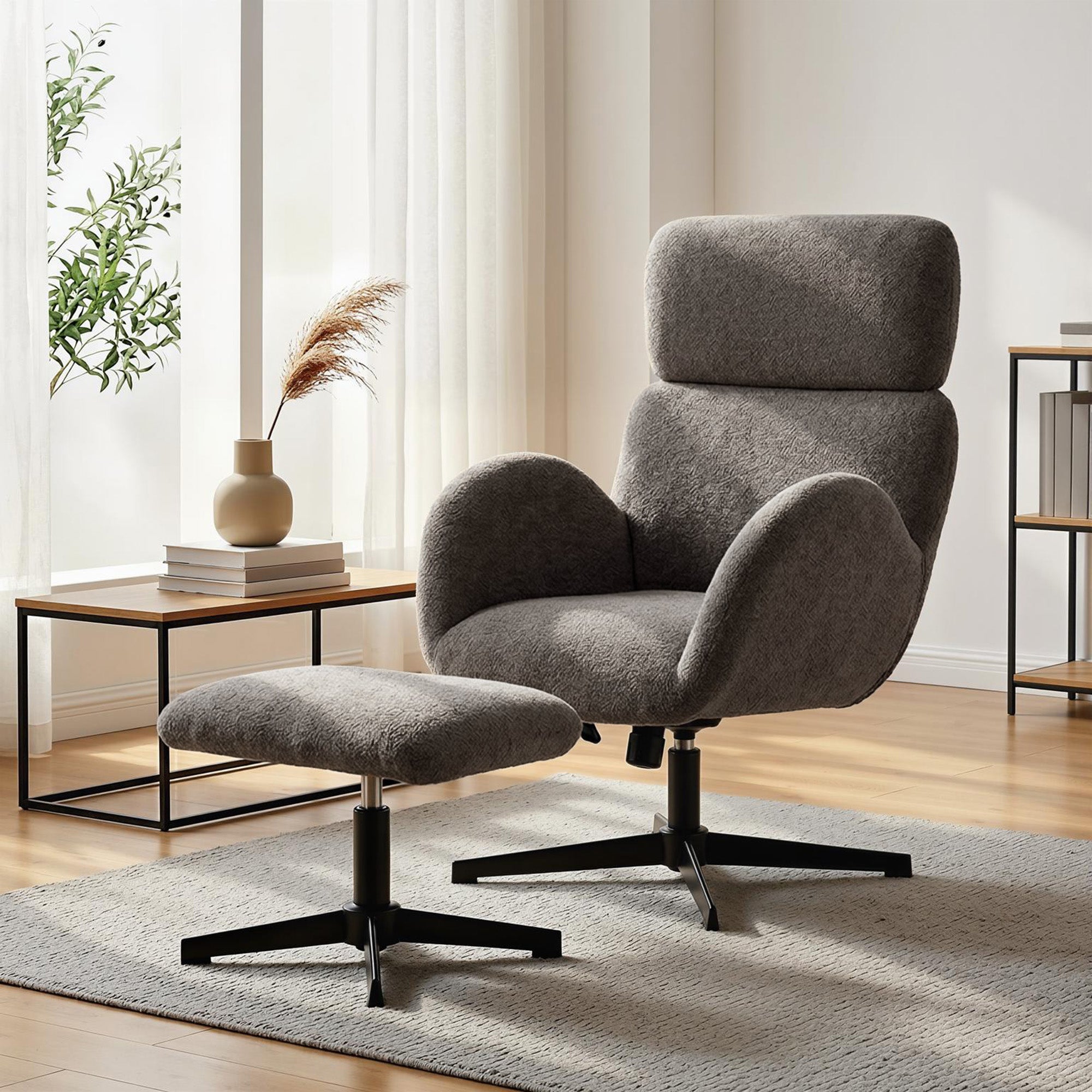 Swivel Armchair and Footstool Set, Raindrop Velvet Height Adjustable Accent Chair with Adjustable Headrest, Rocking Function, Wide Back, Modern Lounge Chair for Living Room, Grey