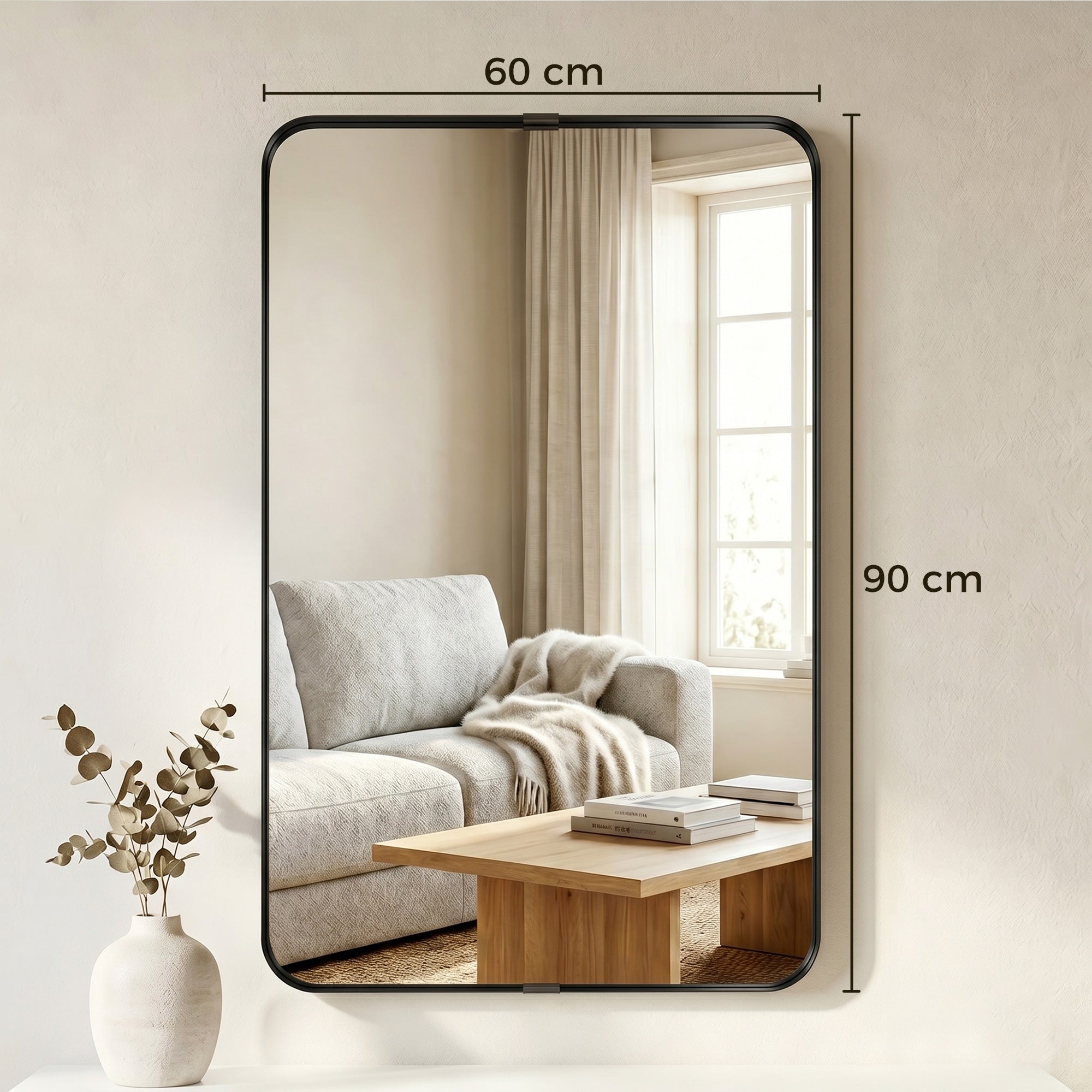 Rectangular Wall Mirror, 90 x 60 cm Wall Mounted Bathroom Mirror with Aluminium Alloy Frame and Tempered Glass for Hallway, Living Room, Bedroom, Black