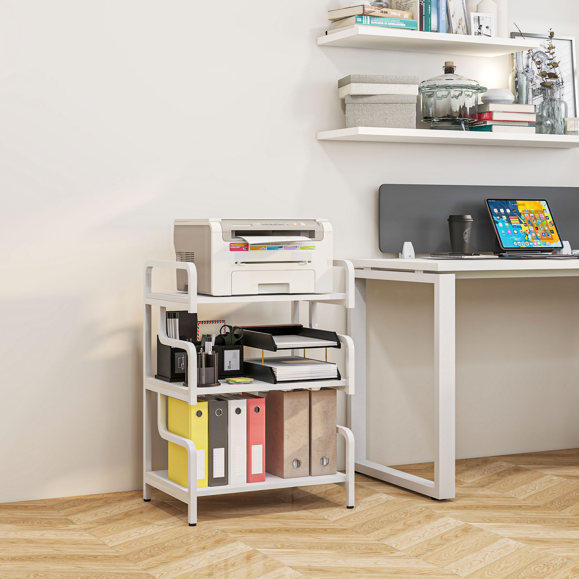 HOMCOM 3-Tier Printer Stand with Storage Shelves, Printer Table, 55 x 40 x 77cm Printer Shelf for Home Office, Study, White