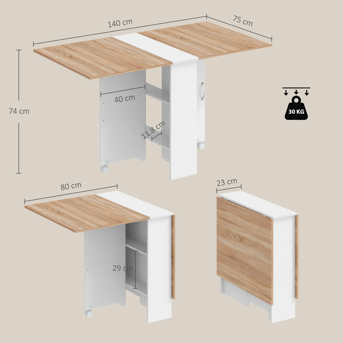 Folding Dining Table, Drop Leaf Table with 2-Tier Shelves, Rolling Casters, for Small Spaces, Kitchen, White and Natural
