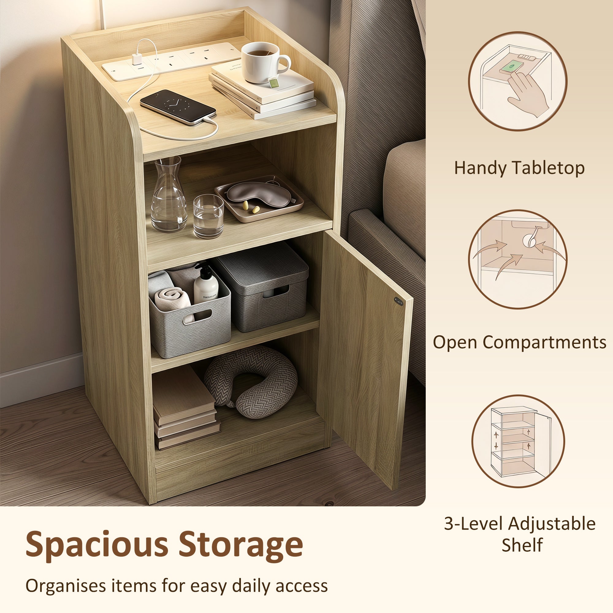 Slim Bedside Table Set of 2 with Charging Station, Narrow Bedside Cabinet with Open Compartment, Adjustable Shelf and Cupboard, Side End Table for Bedroom Living Room Compact Nooks, Oak