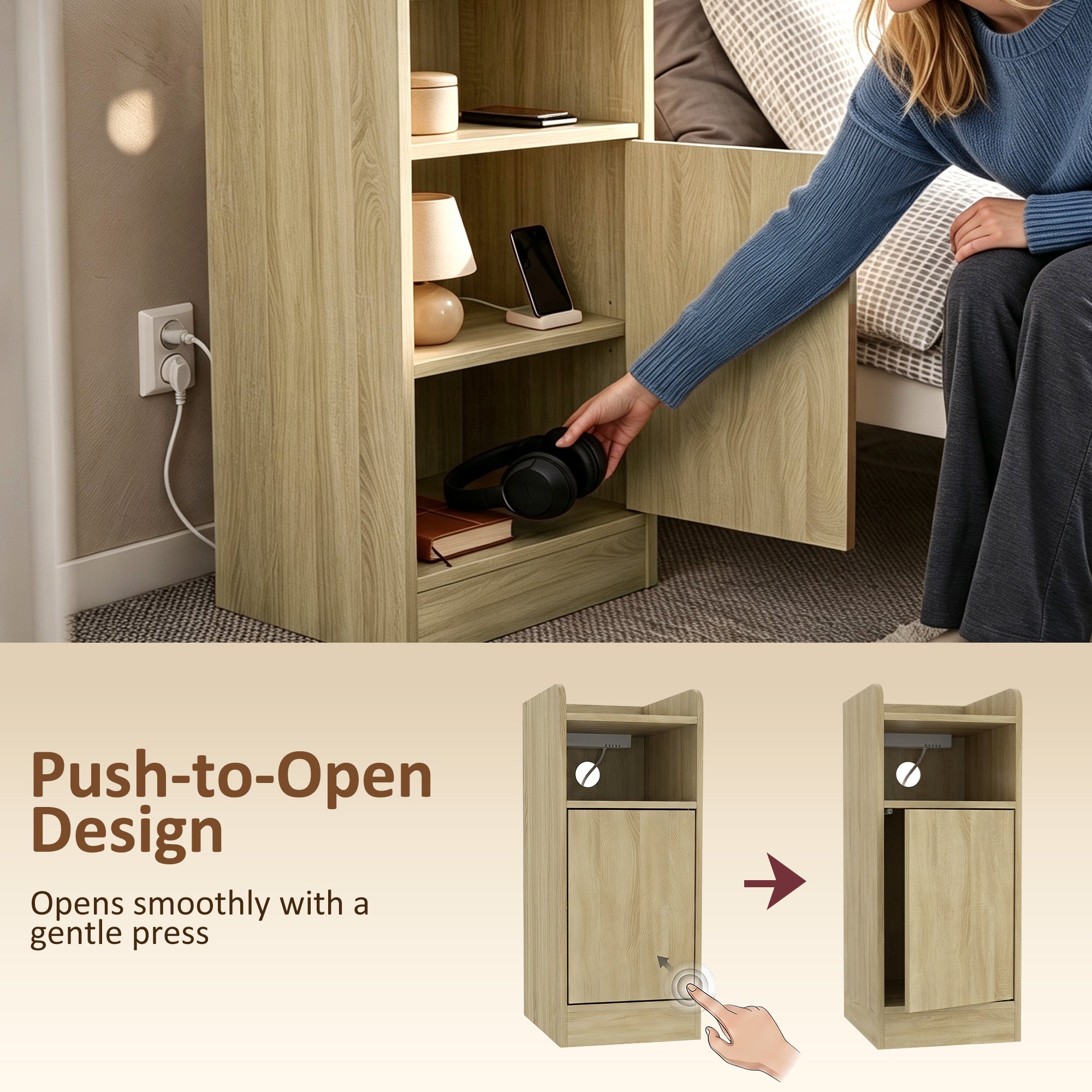 Slim Bedside Table Set of 2 with Charging Station, Narrow Bedside Cabinet with Open Compartment, Adjustable Shelf and Cupboard, Side End Table for Bedroom Living Room Compact Nooks, Oak