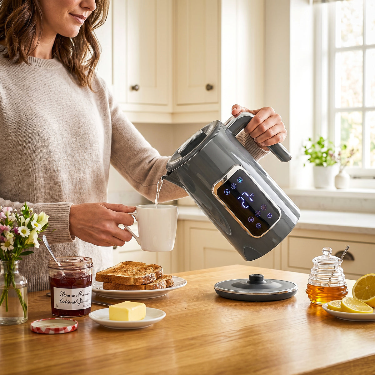 Electric Kettle, 1.7L Fast Boil 3000W Water Kettle with LED Display, Adjustable Temperature, Keep Warm Function, Auto Shut-off Boil-Dry Protection, Double-Wall, Grey