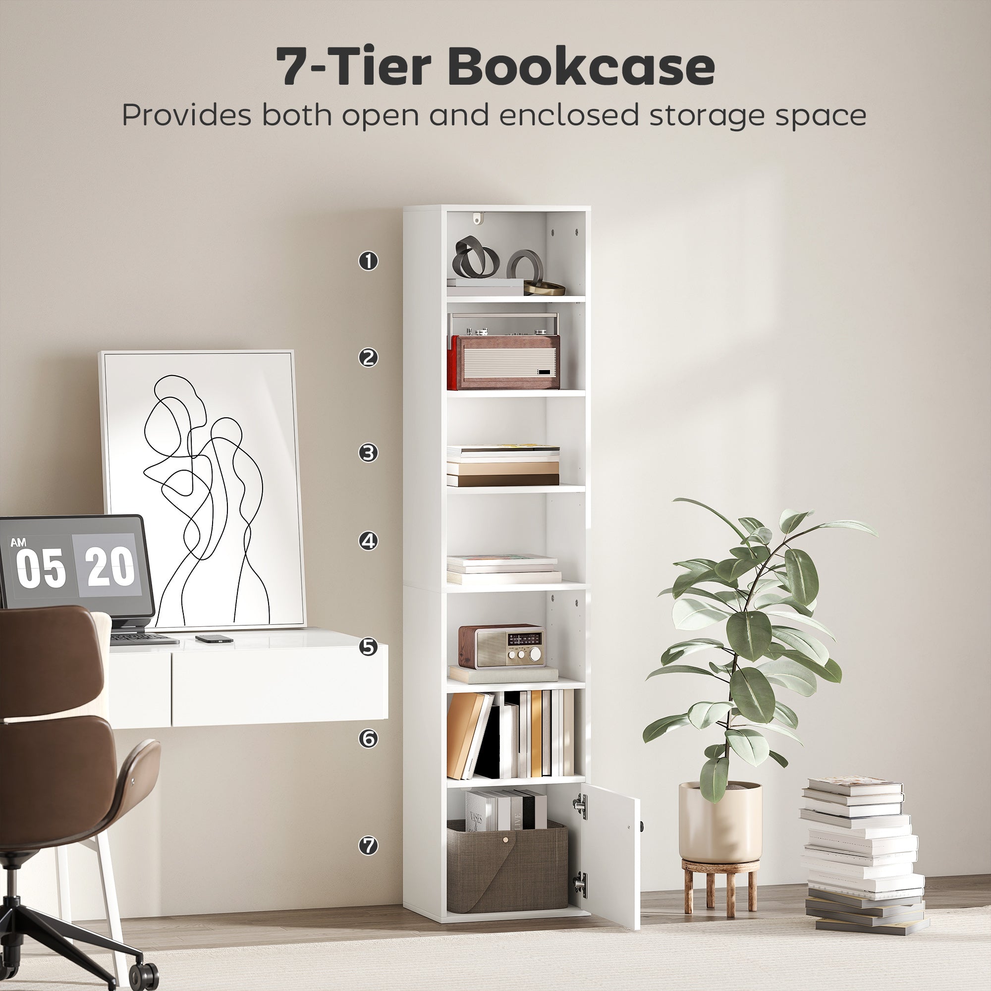 7-Tier Bookcase with Adjustable Shelf, Modern Freestanding Display Shelf Unit with Cabinet for Living Room, Office, White