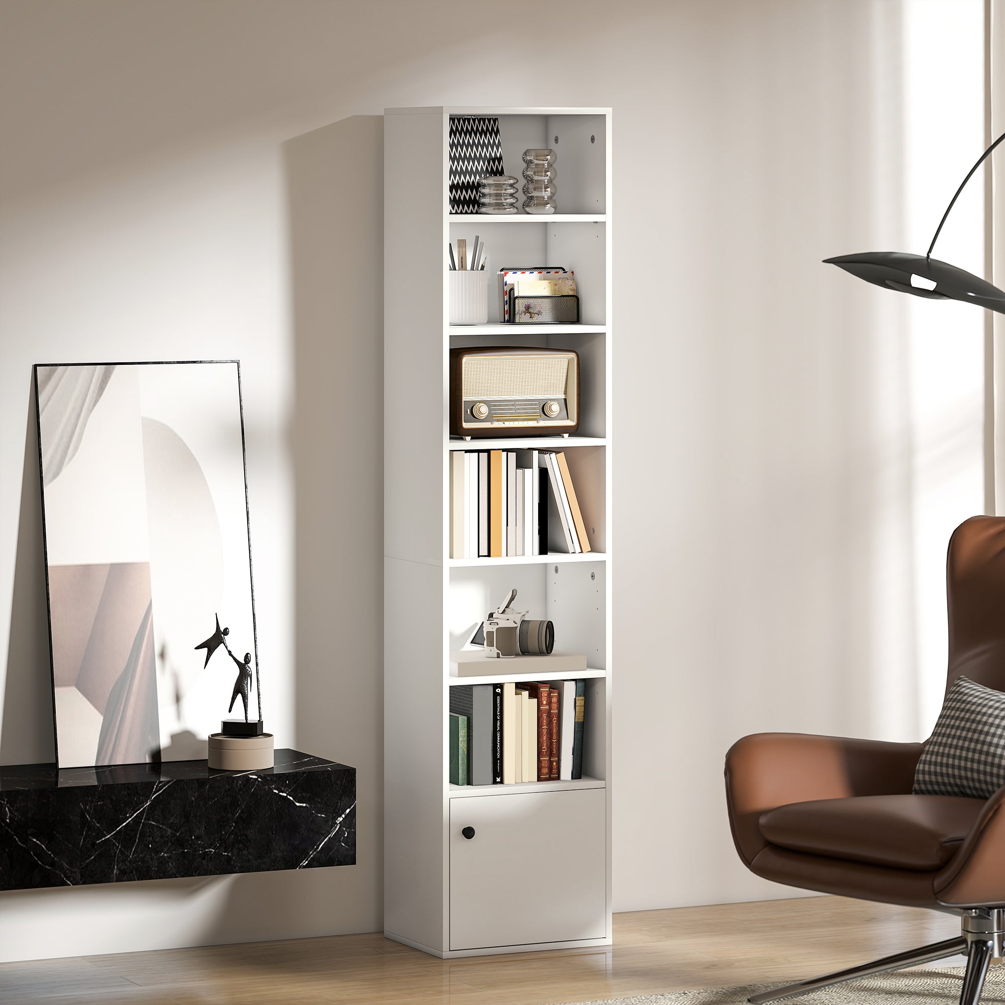 7-Tier Bookcase with Adjustable Shelf, Modern Freestanding Display Shelf Unit with Cabinet for Living Room, Office, White