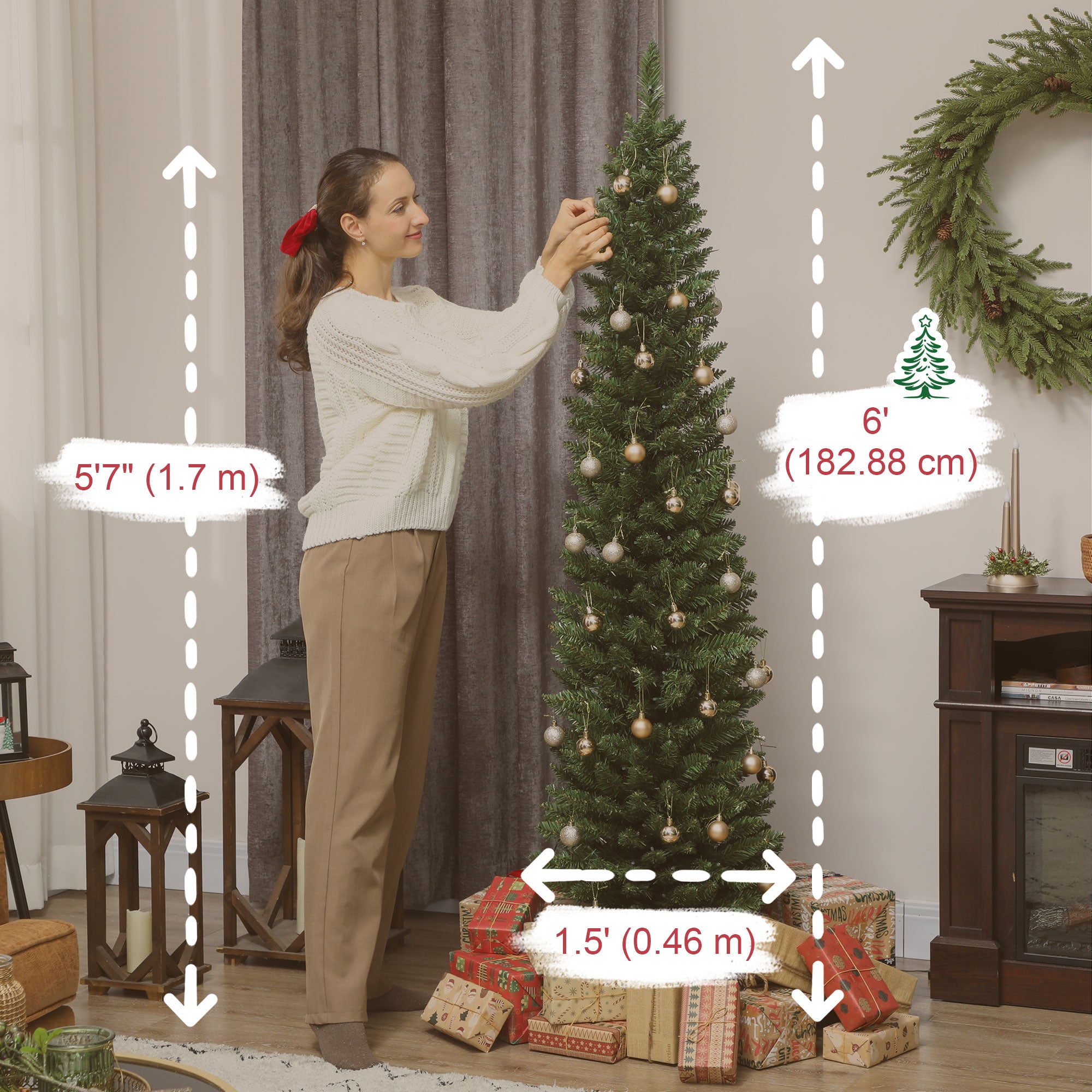 6ft Prelit Christmas Tree with Colourful DIY Synchronized LED Lights, Hinged Pencil Xmas Tree with Remote, 12 Modes, Daily Timer, Adjustable Brightness and Speed, Green