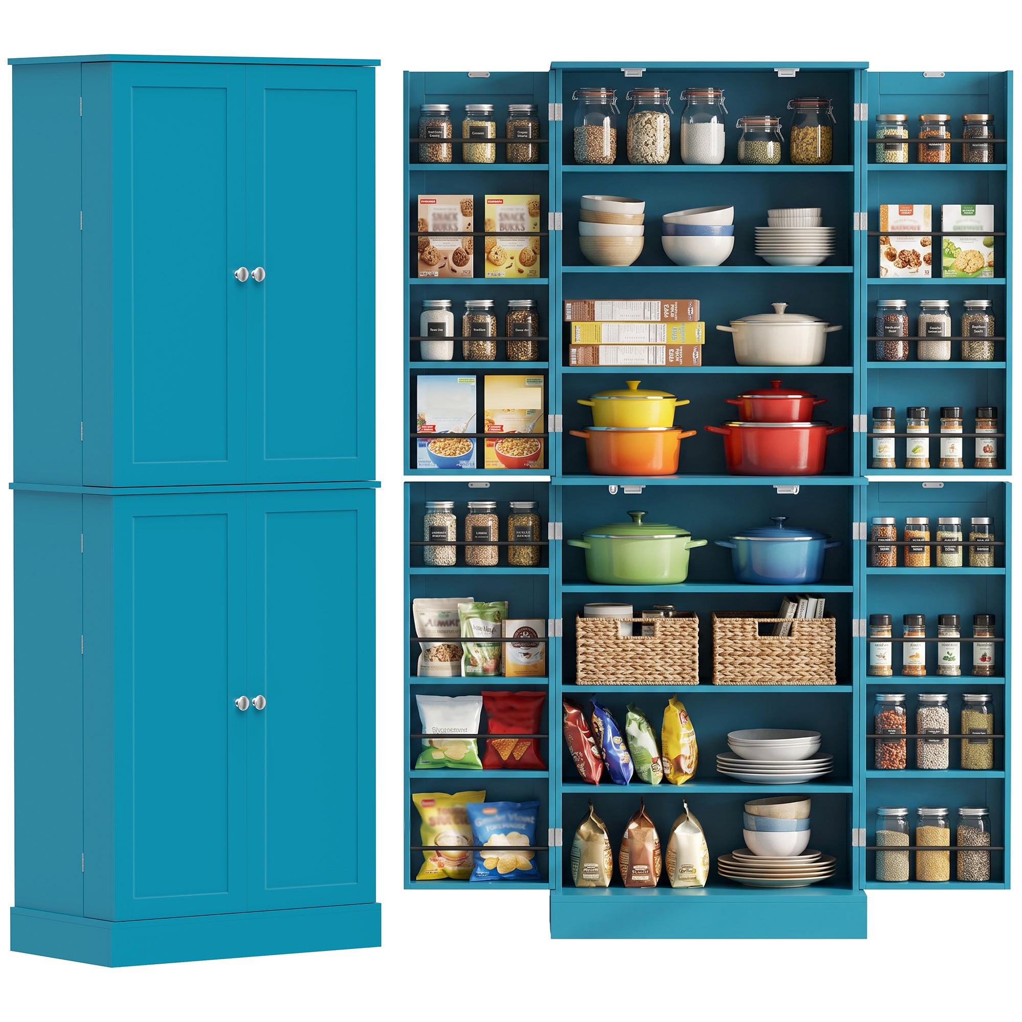 65" Kitchen Pantry Cabinet, Modern Storage Cabinet with Doors and Shelves, Freestanding Cupboard for Dining Room, Blue