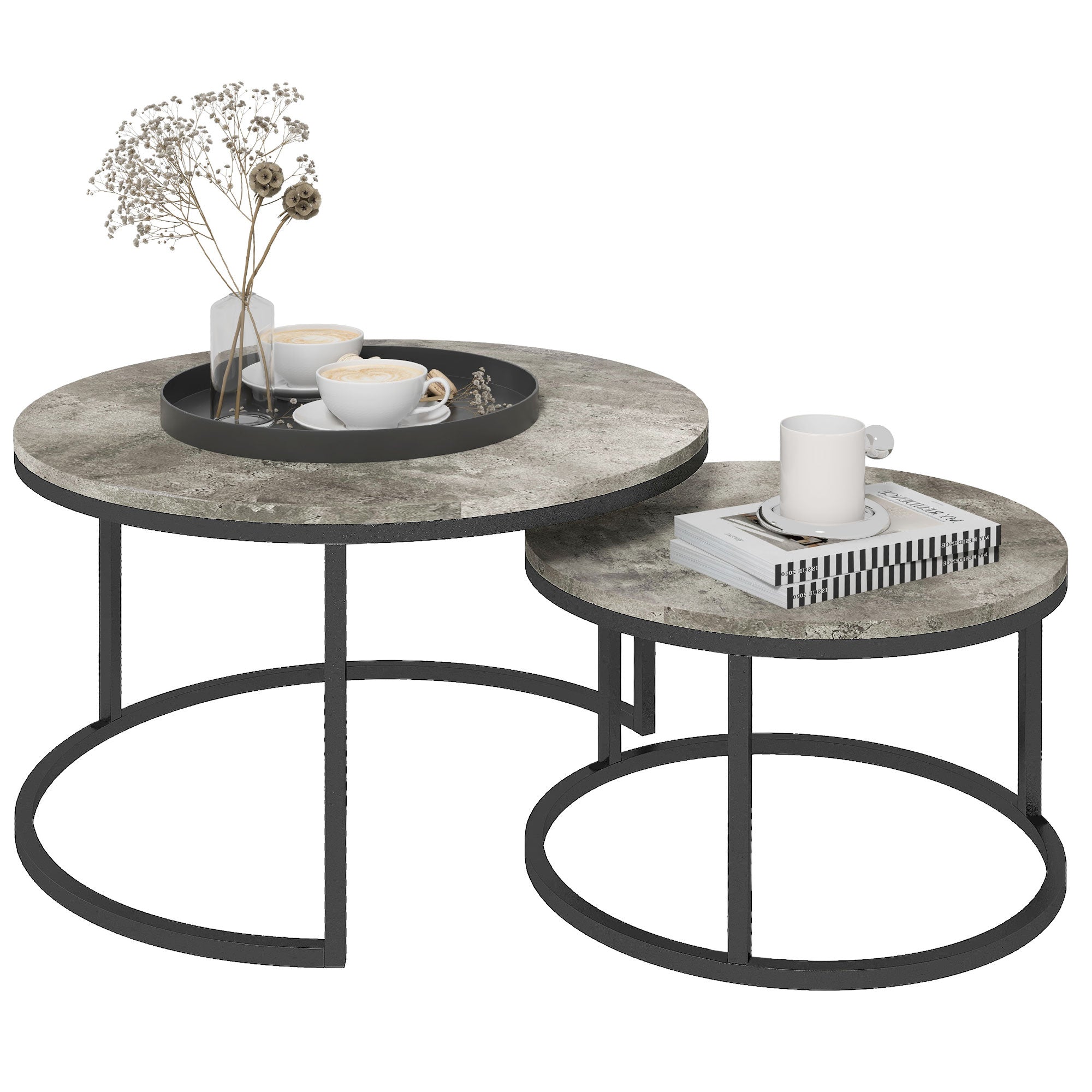 HOMCOM Nest of Tables, Round Coffee Table Set of 2, Coffee Tables with Steel Frame for Living Room, Cement Grey