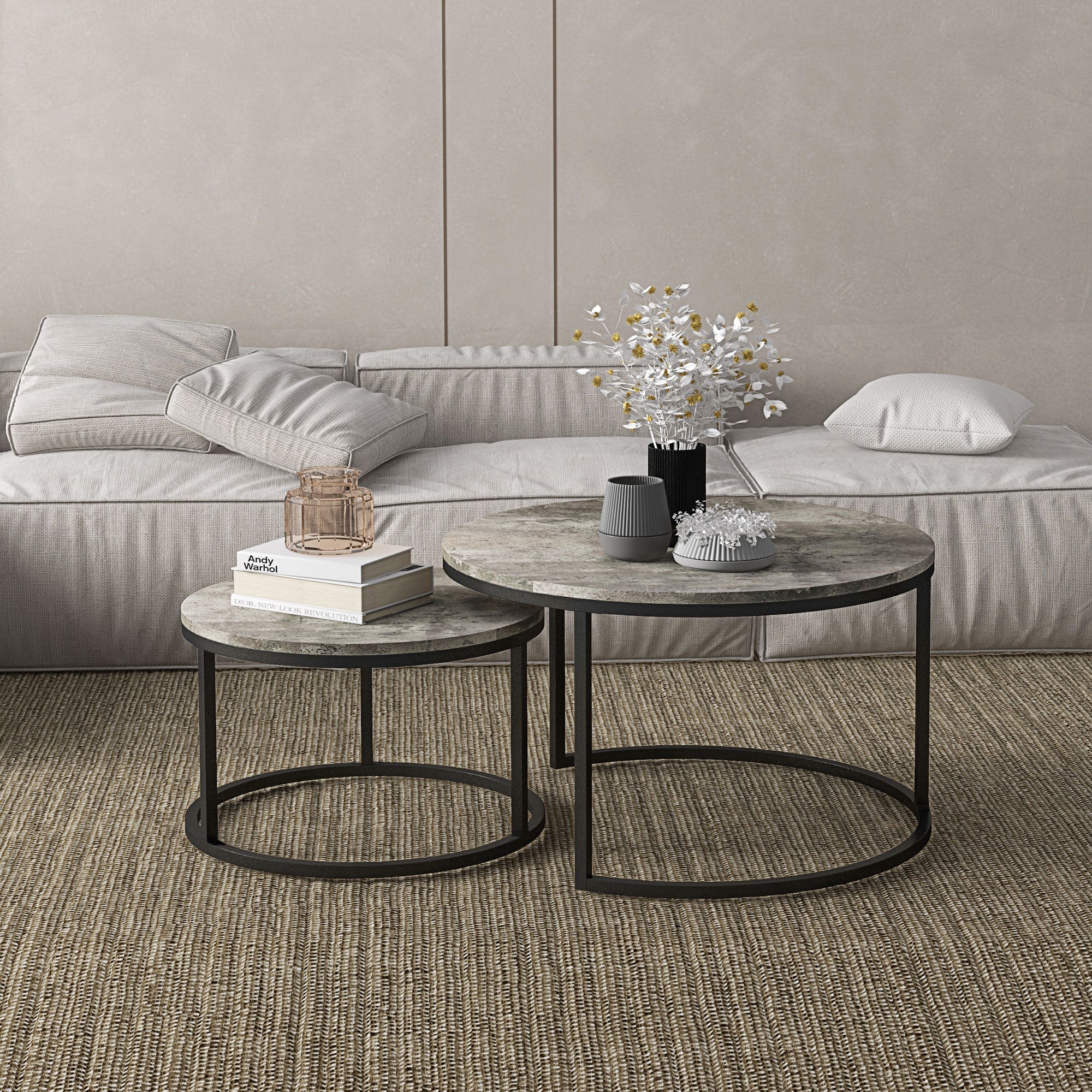 HOMCOM Nest of Tables, Round Coffee Table Set of 2, Coffee Tables with Steel Frame for Living Room, Cement Grey