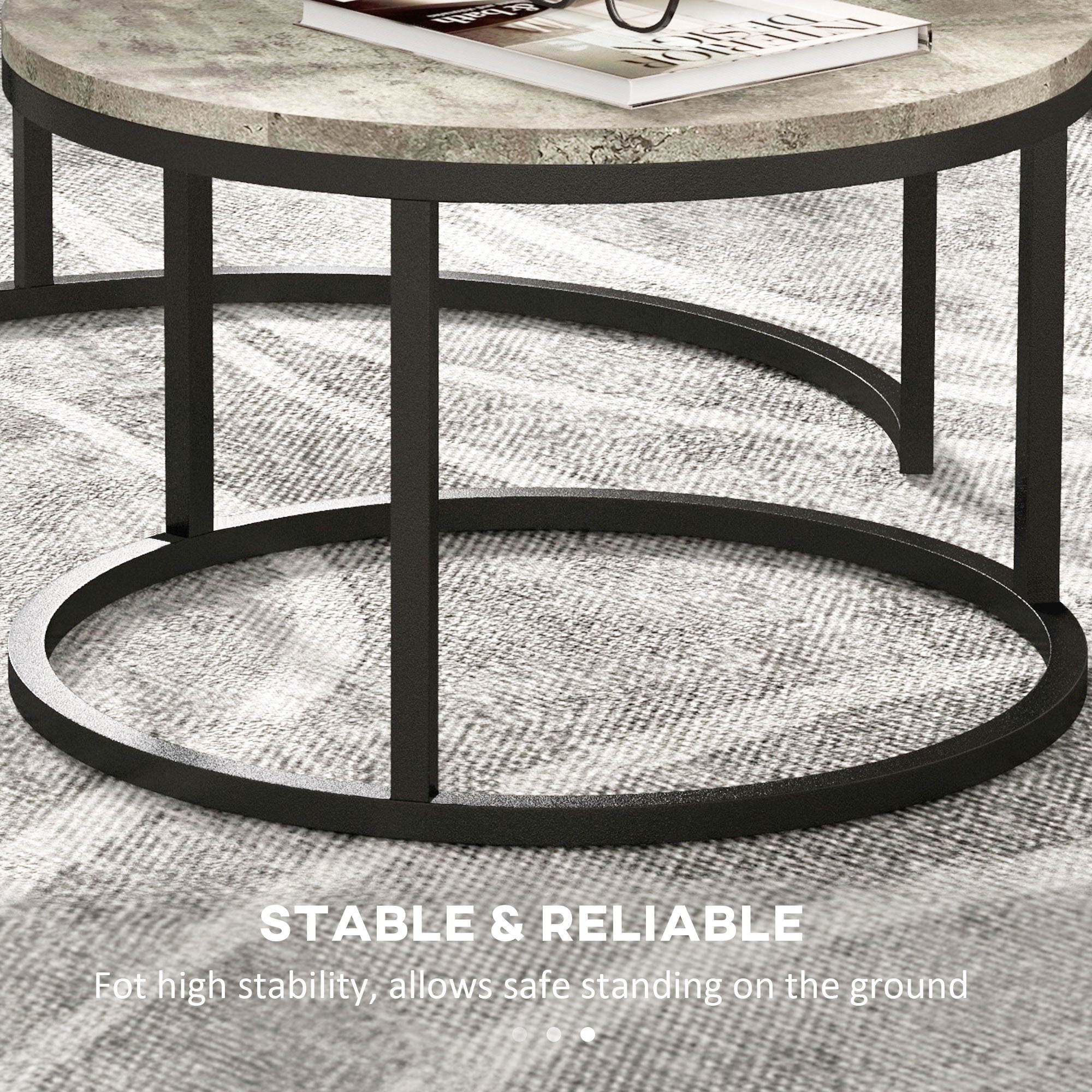 HOMCOM Nest of Tables, Round Coffee Table Set of 2, Coffee Tables with Steel Frame for Living Room, Cement Grey