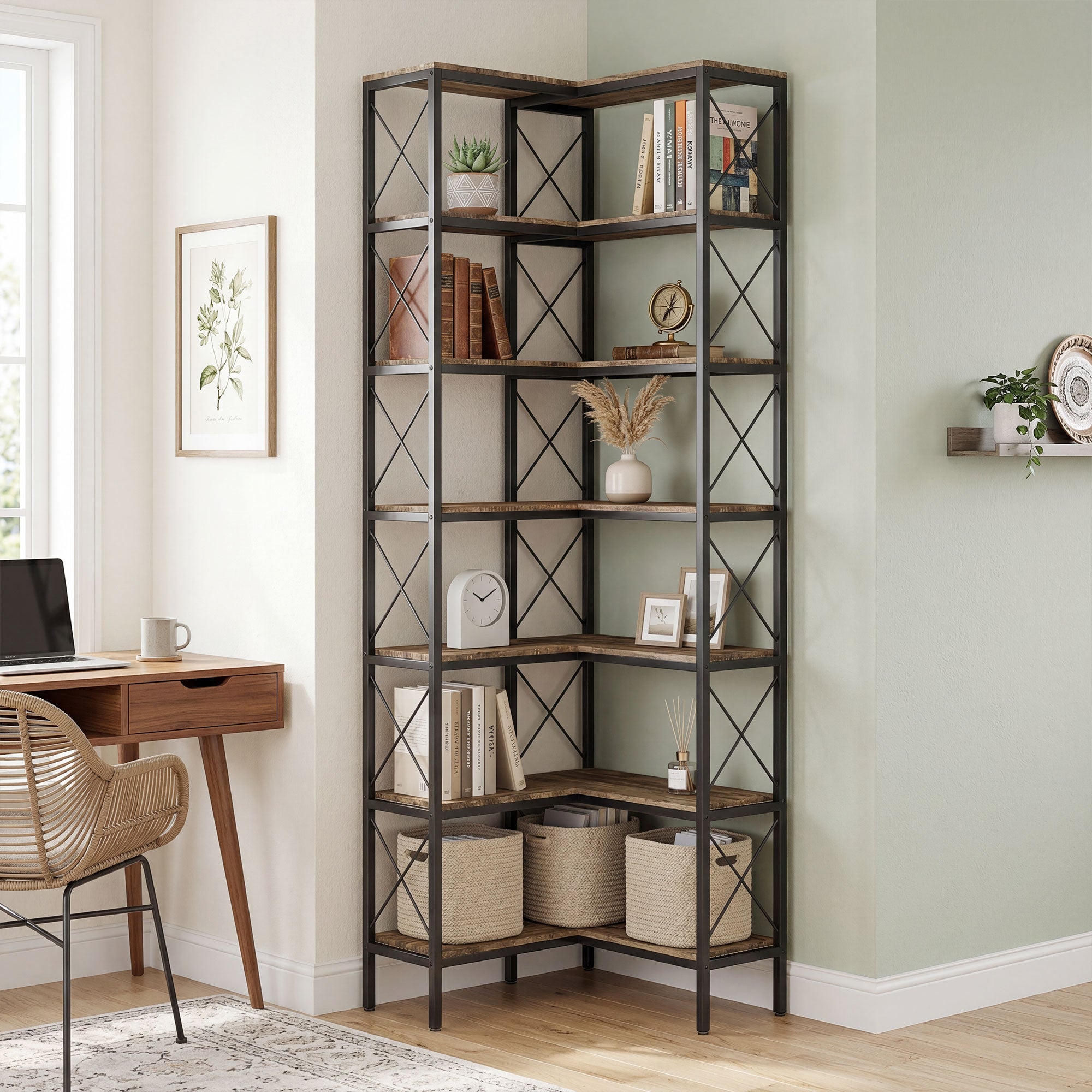 6-Tier Corner Bookshelf, L-Shaped Bookcase, Freestanding Display Shelf with Metal Frame for Living Room, Home Office, Bedroom, 60 x 60 x 200 cm, Rustic Brown