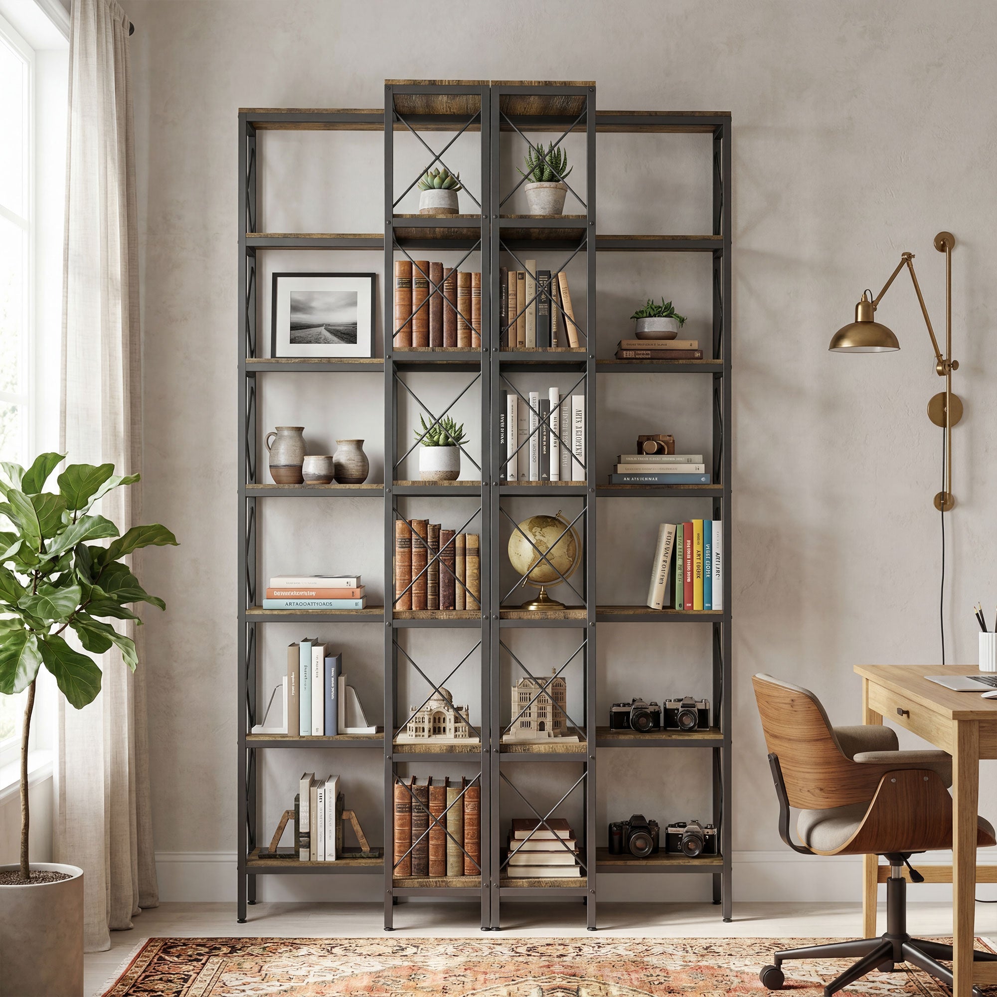 6-Tier Corner Bookshelf, L-Shaped Bookcase, Freestanding Display Shelf with Metal Frame for Living Room, Home Office, Bedroom, 60 x 60 x 200 cm, Rustic Brown
