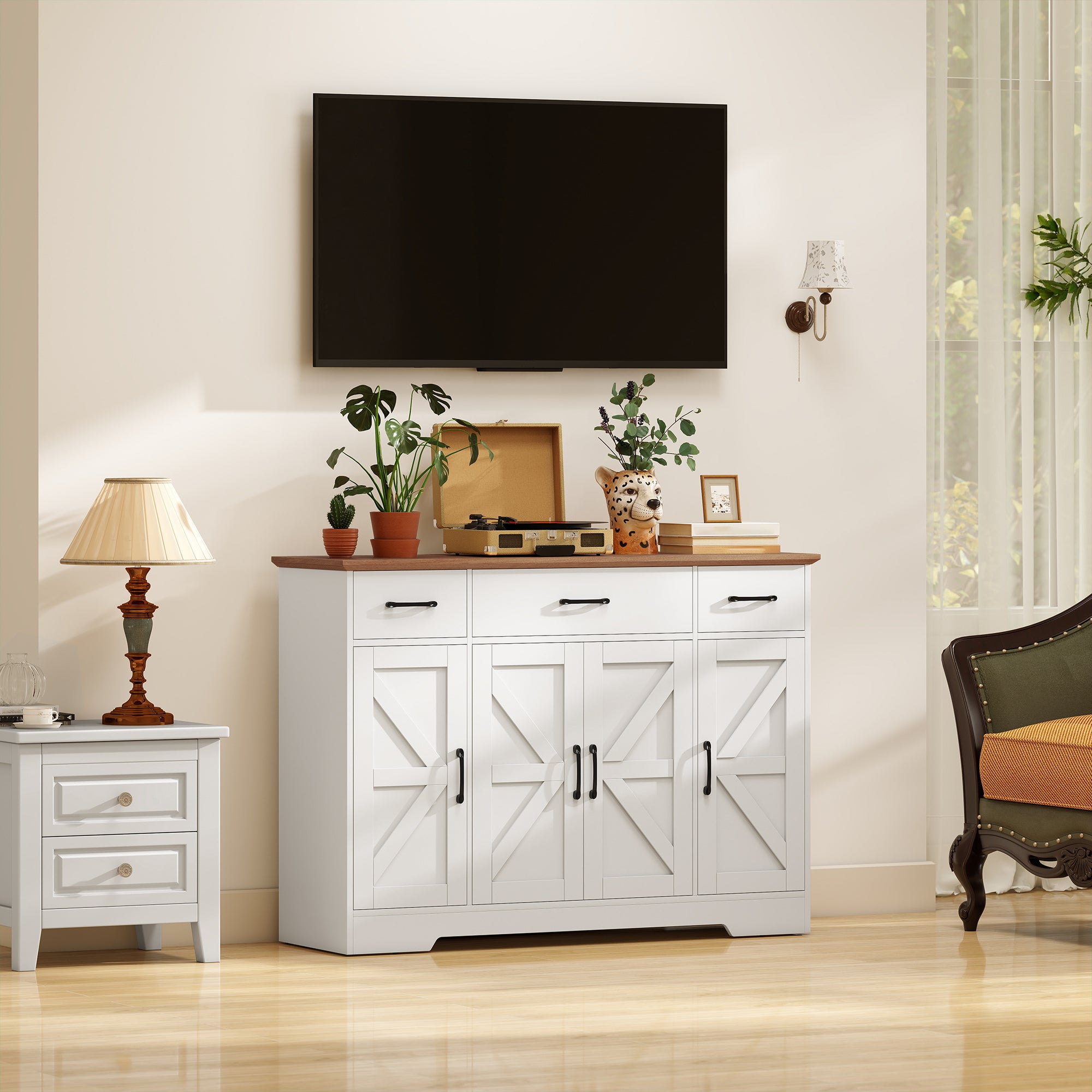 47" Sideboard Buffet Cabinet, Farmhouse Credenza with Soft-Close Hinges, Coffee Bar Cabinet with Spice Racks, 3 Drawers and 3 Adjustable Shelves, White