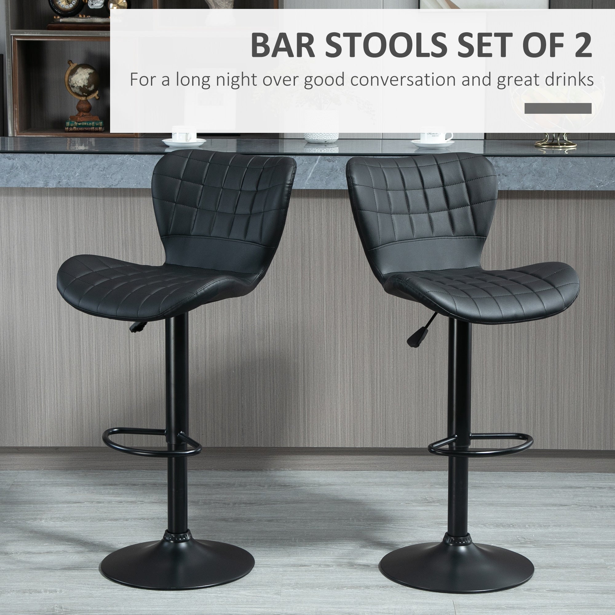 HOMCOM Bar Stools Set of 2, Adjustable Height Swivel Bar Chairs, PU Leather Upholstered Kitchen Counter Stools with Wide Seat, Back and Footrest, Black