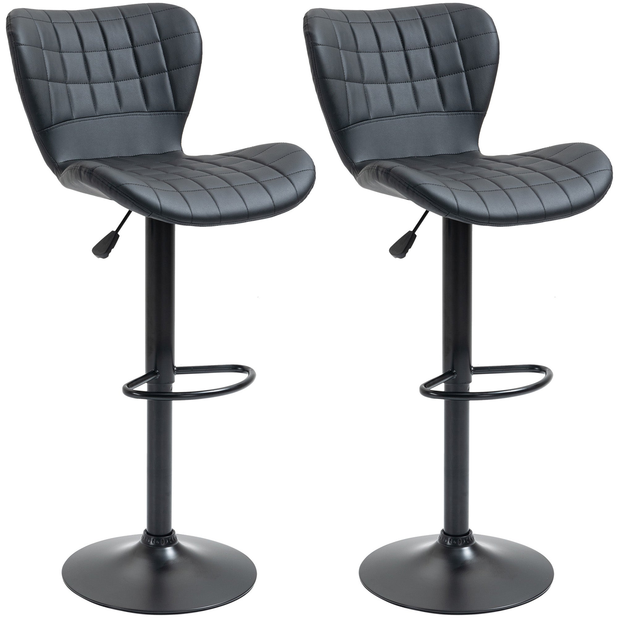 HOMCOM Bar Stools Set of 2, Adjustable Height Swivel Bar Chairs, PU Leather Upholstered Kitchen Counter Stools with Wide Seat, Back and Footrest, Black