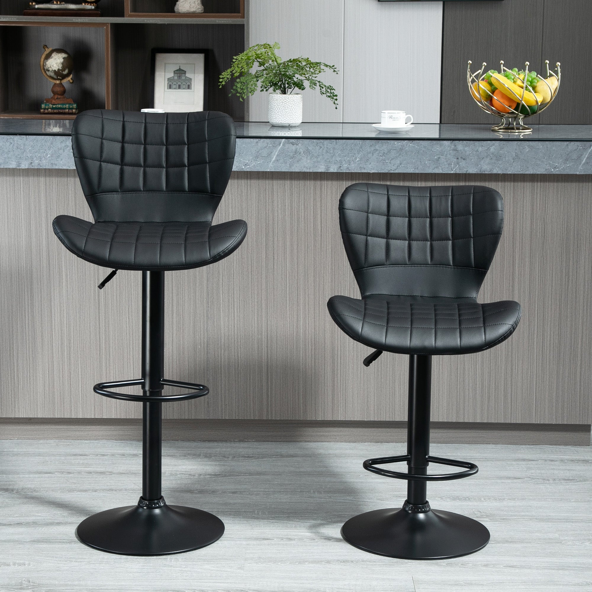 HOMCOM Bar Stools Set of 2, Adjustable Height Swivel Bar Chairs, PU Leather Upholstered Kitchen Counter Stools with Wide Seat, Back and Footrest, Black