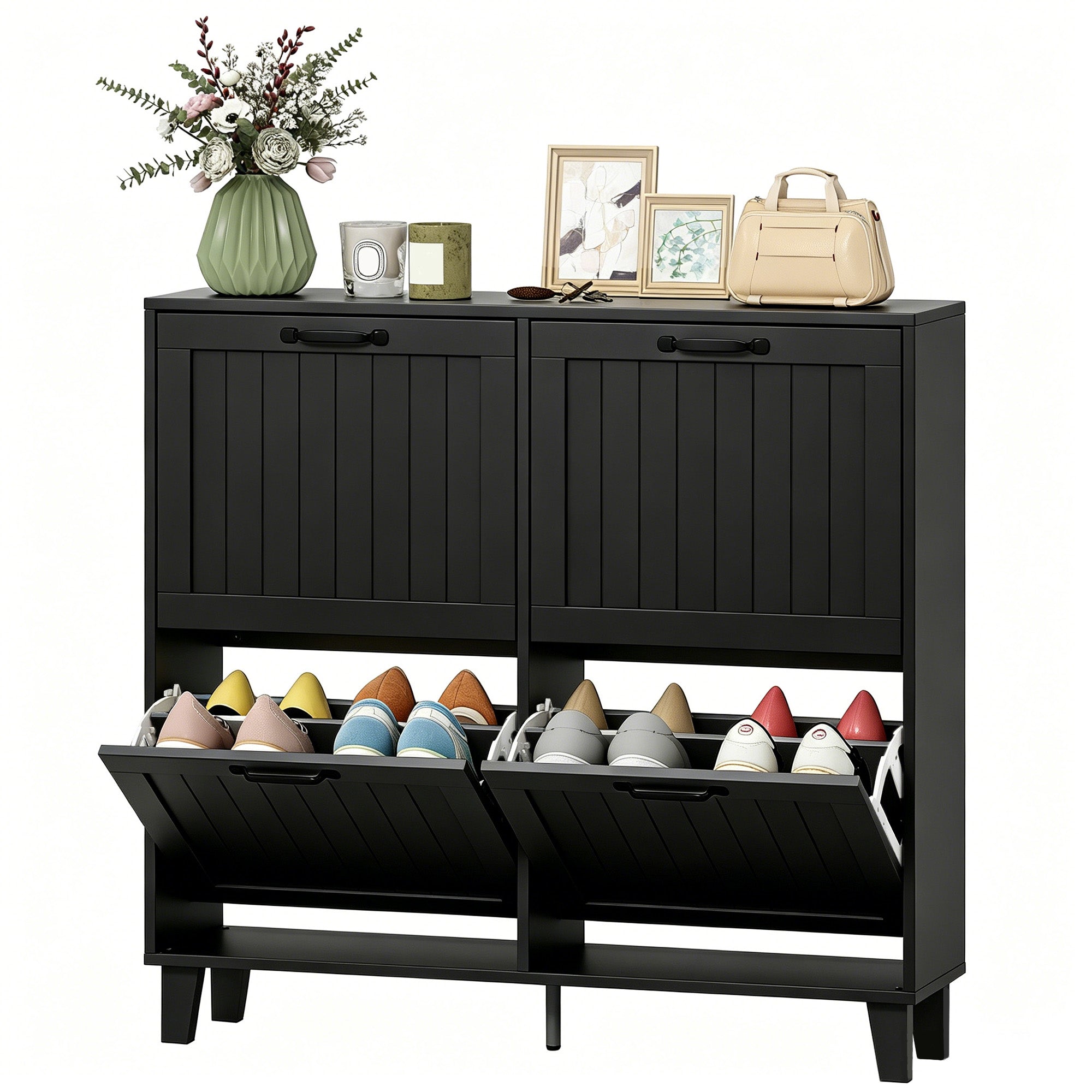 Shoe Cabinet with 4 Flip Drawers, Freestanding Narrow Shoe Storage Cabinet with Adjustable Shelves, Open Back, Bamboo Legs for Entryway, Hallway, Holds 16-20 Pairs, Black