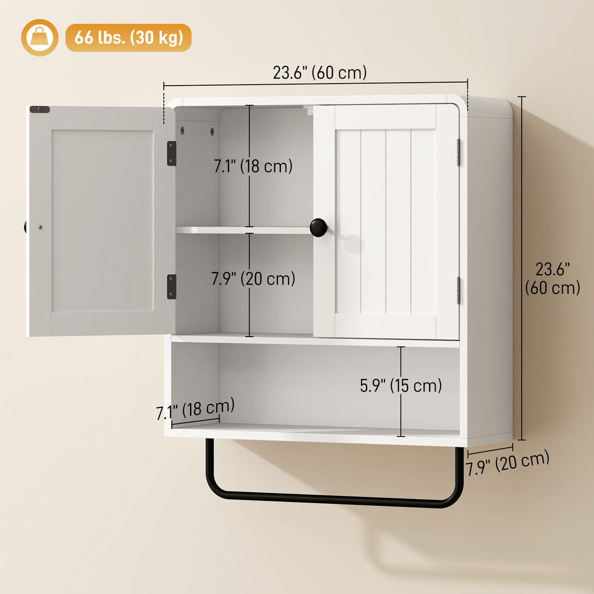 Bathroom Wall Cabinet, Wall Mounted Bathroom Cabinet with 2 Doors, Open Shelf, Towel Bar and Adjustable Shelf Storage for Toilet, Laundry, White