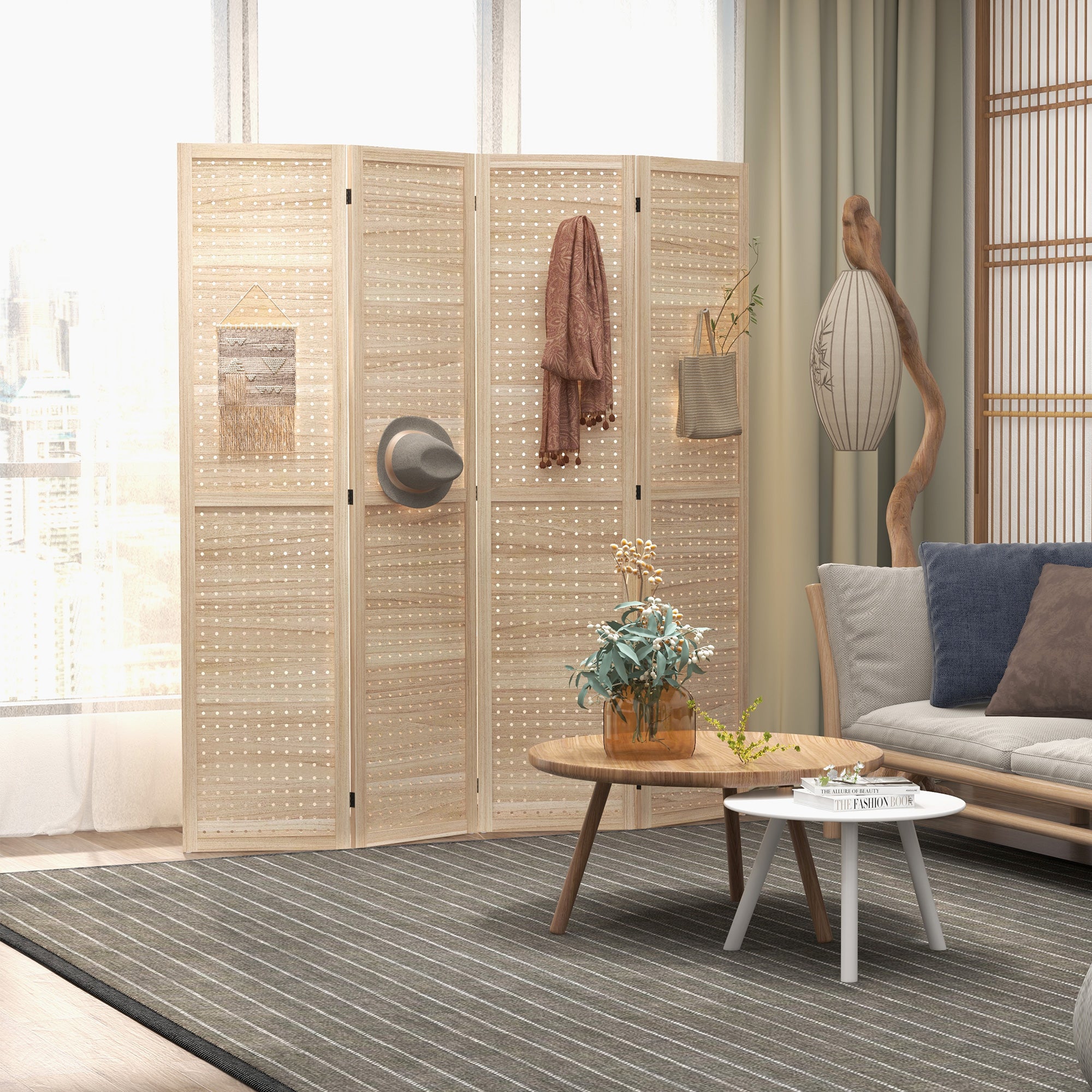 4 Panel Room Divider w/ Hole Hooks Folding Privacy Screens, Natural