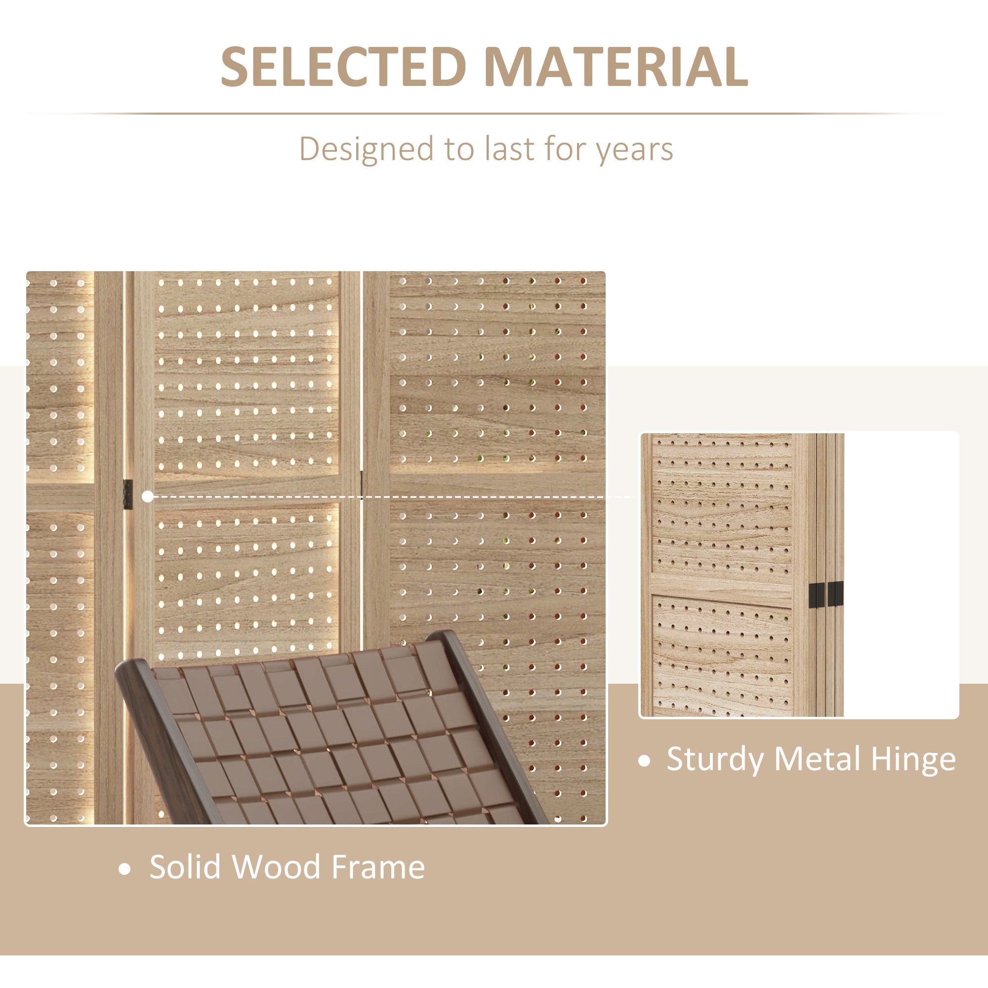 4 Panel Room Divider w/ Hole Hooks Folding Privacy Screens, Natural