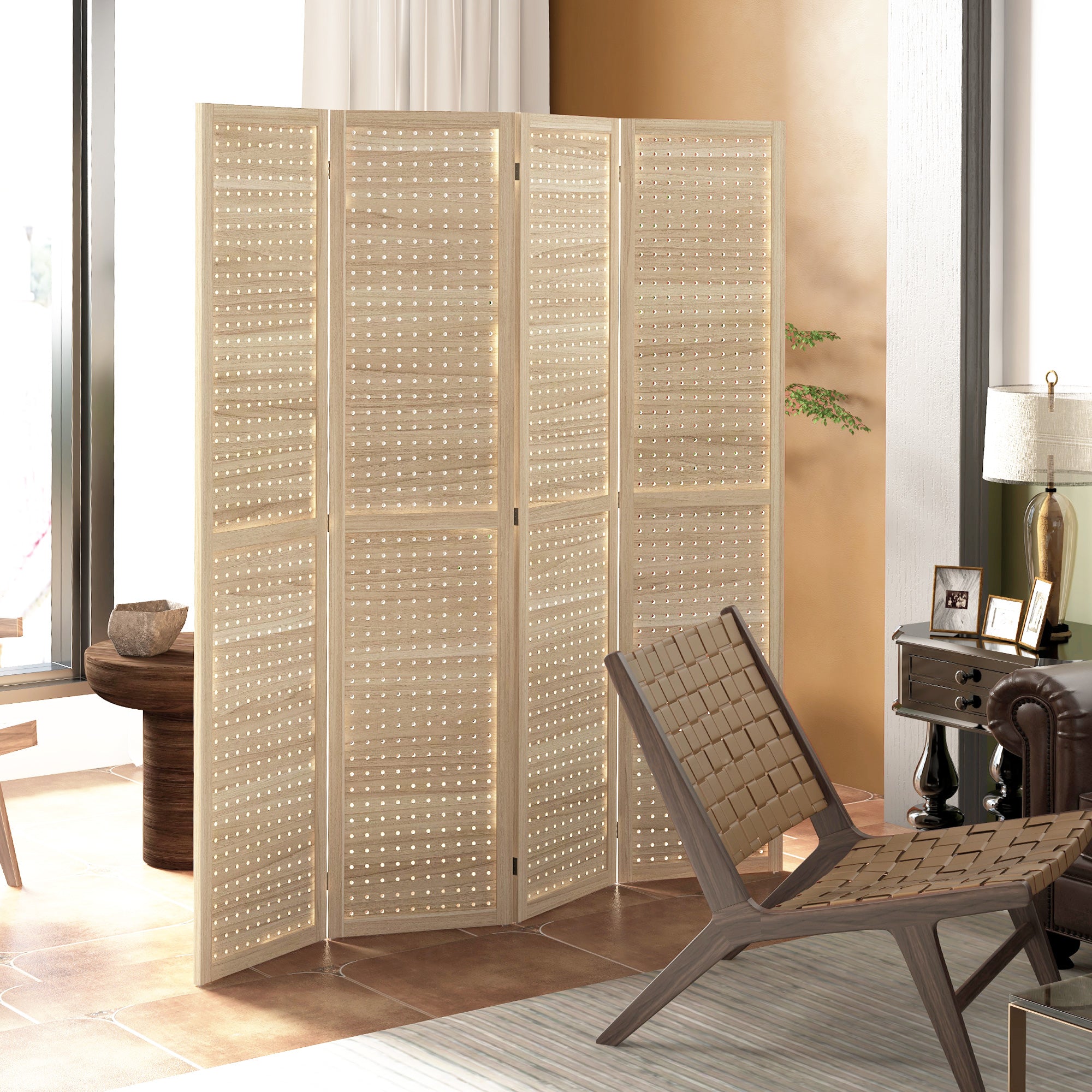 4 Panel Room Divider w/ Hole Hooks Folding Privacy Screens, Natural