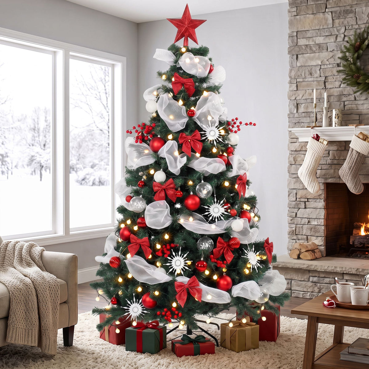 6ft Prelit Christmas Tree Spruce, Remote, Hinged, Artificial Xmas Tree with 8 Modes, 800 Tips, 200 LEDs, Balls, Ribbons, Bows, Foldable Metal Base, Green and Red
