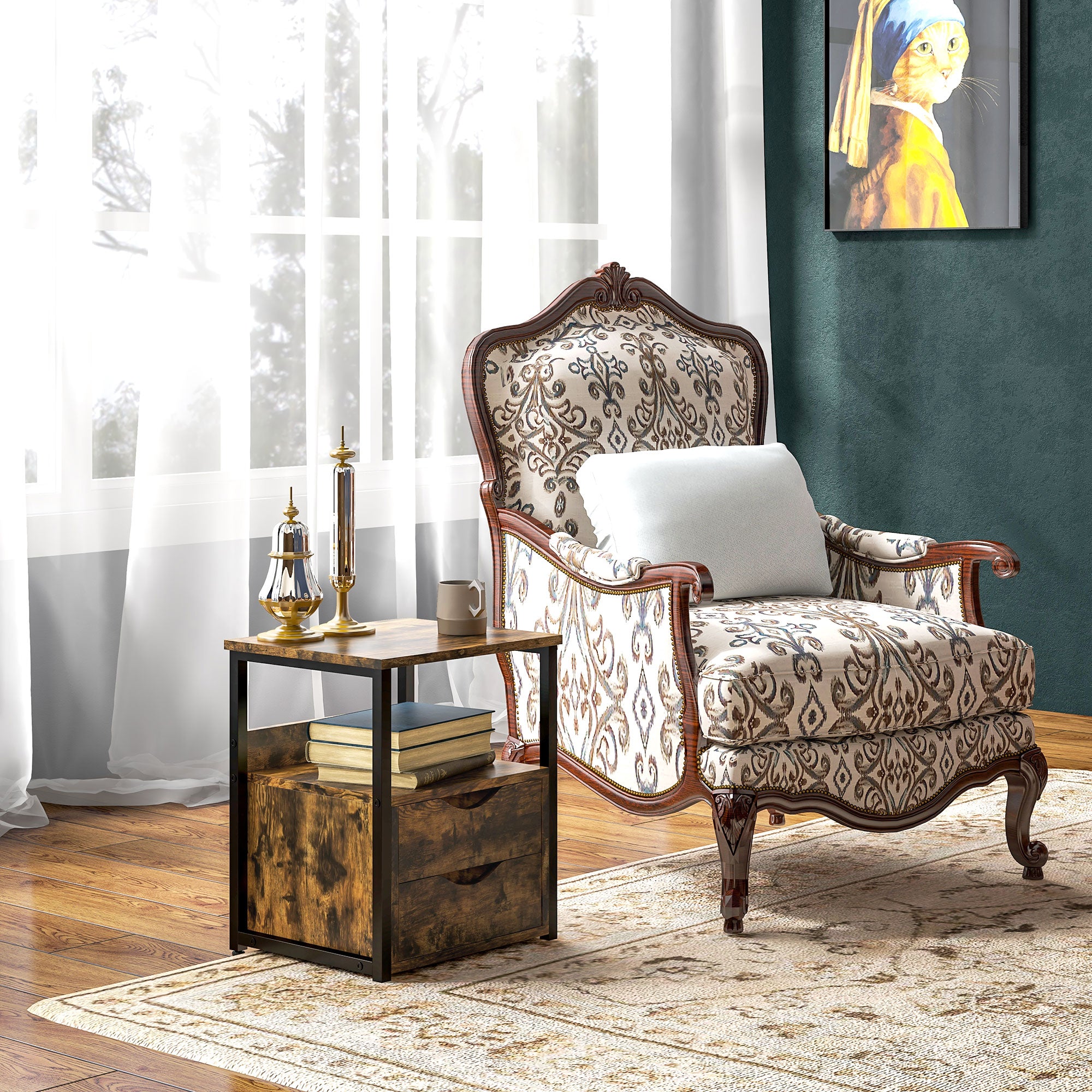 HOMCOM Industrial Side Table with Drawer, Sofa Table, Bedside Cabinet with Storage Shelf, Slim Nightstand for Living Room, Bedroom, Rustic Brown