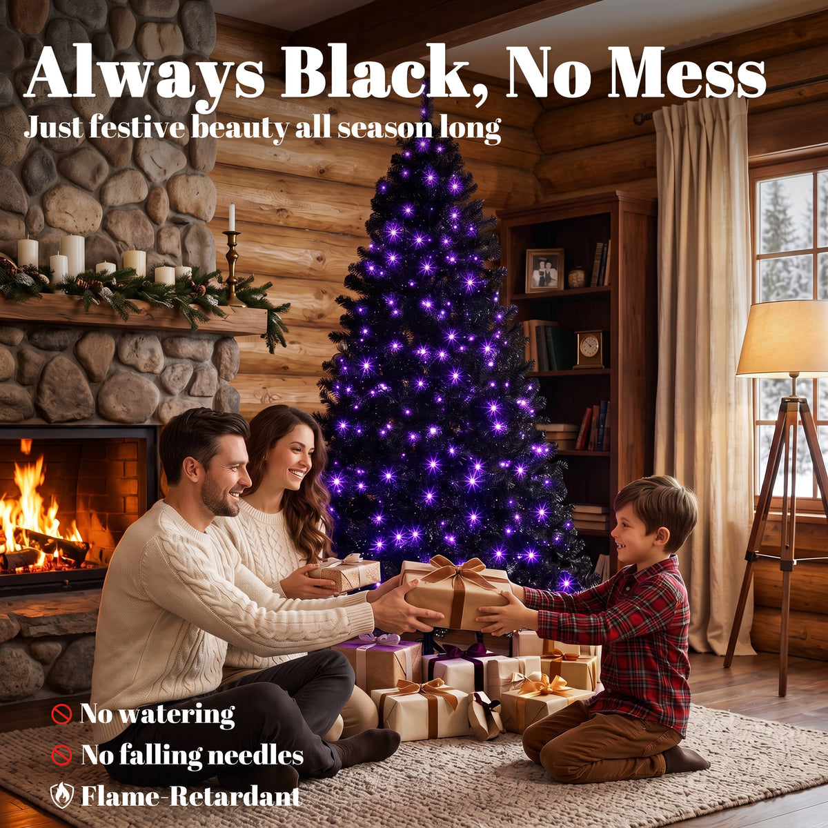 6ft Pre-lit Black Christmas Tree, Artificial Halloween Tree with 680 Purple LED Lights, 680 Tips, Metal Stand, Black