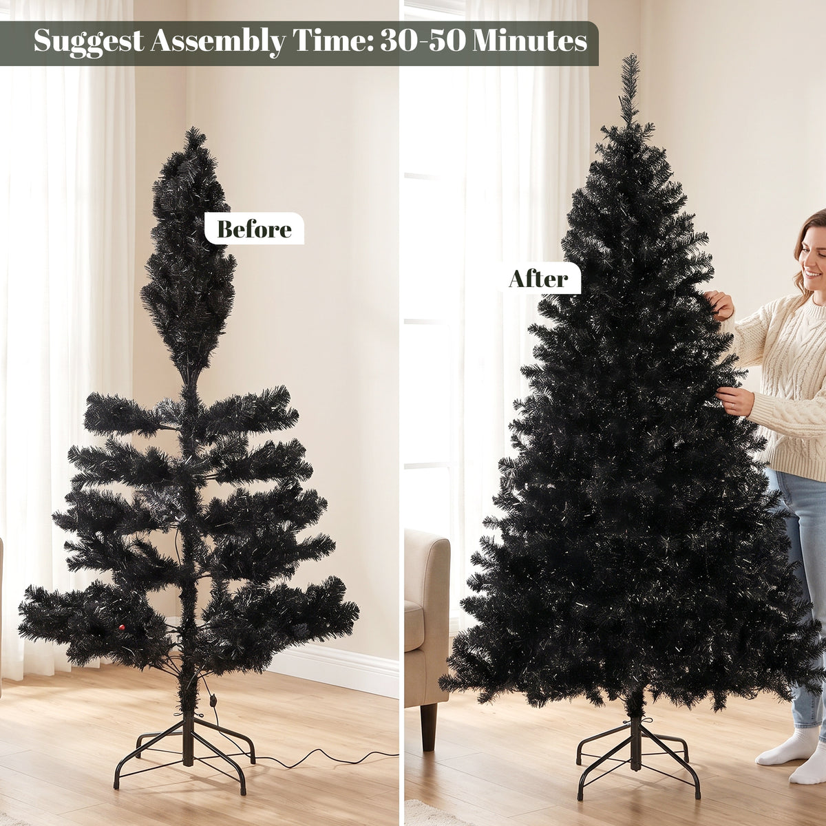 6ft Pre-lit Black Christmas Tree, Artificial Halloween Tree with 680 Purple LED Lights, 680 Tips, Metal Stand, Black