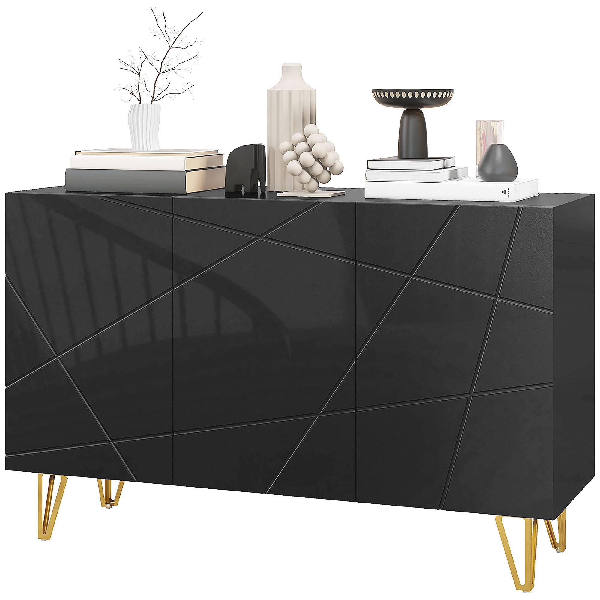 HOMCOM Storage Cabinet with High Gloss, Freestanding Sideboard with Adjustable Shelves, Soft-Close Doors and Gold Tone Hairpin Legs for Living Room, Dining Room, Hallway, Black