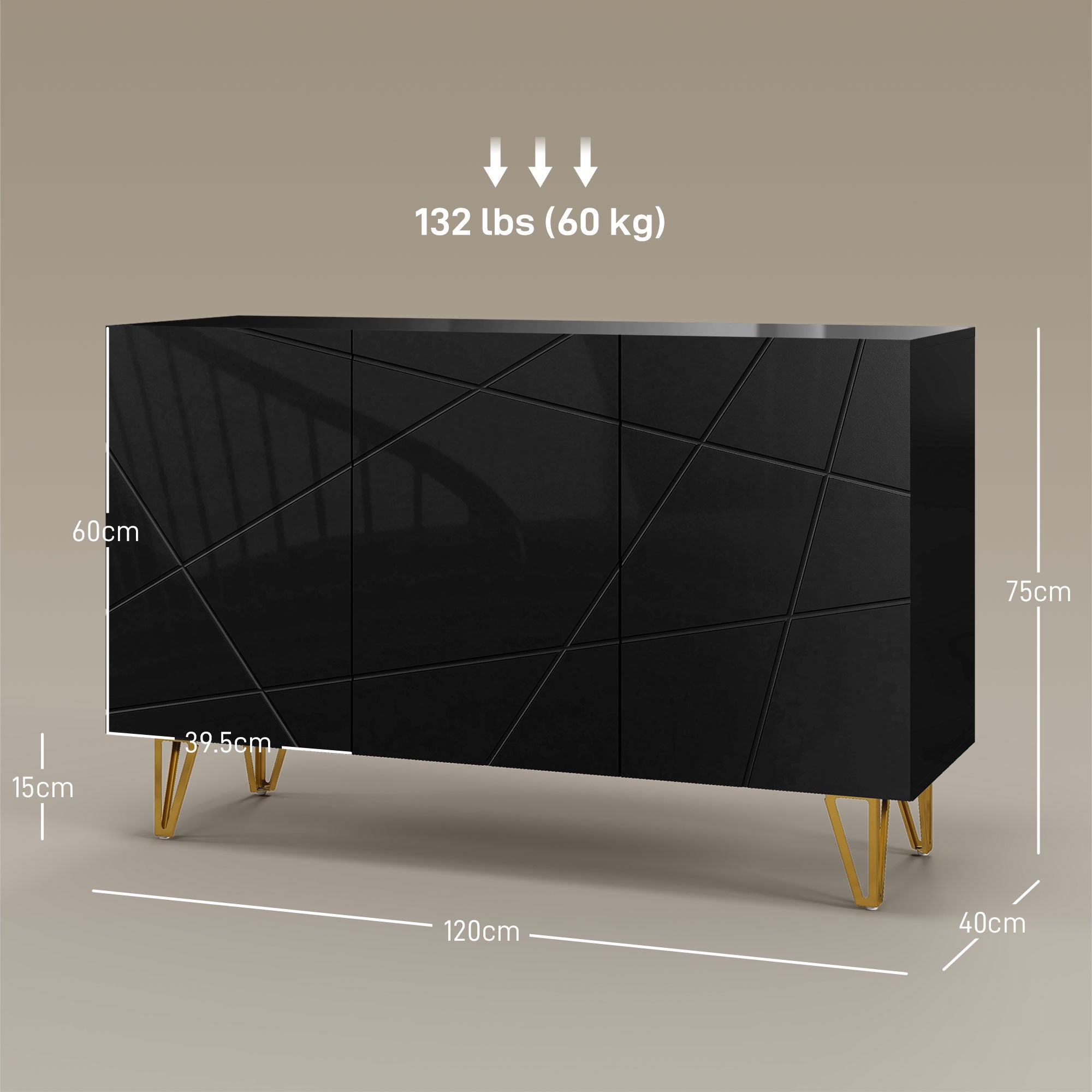 HOMCOM Storage Cabinet with High Gloss, Freestanding Sideboard with Adjustable Shelves, Soft-Close Doors and Gold Tone Hairpin Legs for Living Room, Dining Room, Hallway, Black