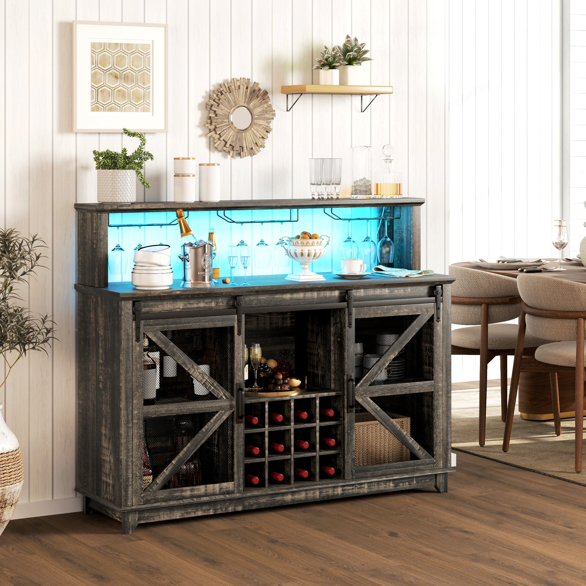 Farmhouse Coffee Bar Cabinet with Smart App Control LED Lights, 55" Wine Bar Cabinet with 12-Bottle Rack, Glass Holder, Kitchen Sideboard Buffet with Sliding Mesh Doors, Distressed Dark Brown