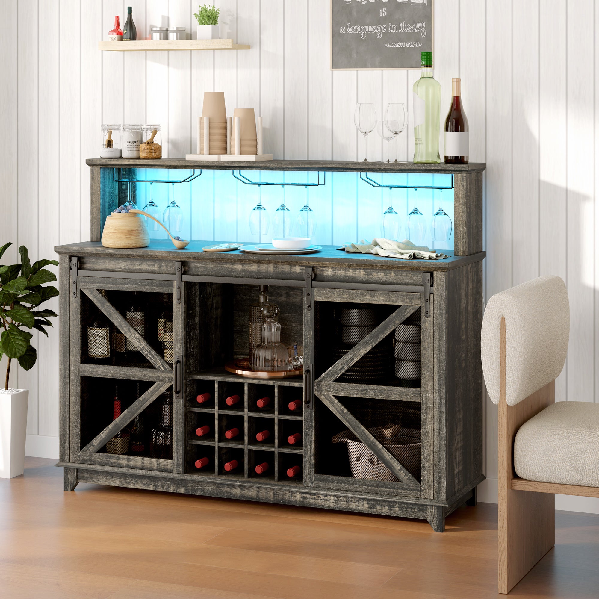 Farmhouse Coffee Bar Cabinet with Smart App Control LED Lights, 55" Wine Bar Cabinet with 12-Bottle Rack, Glass Holder, Kitchen Sideboard Buffet with Sliding Mesh Doors, Distressed Dark Brown