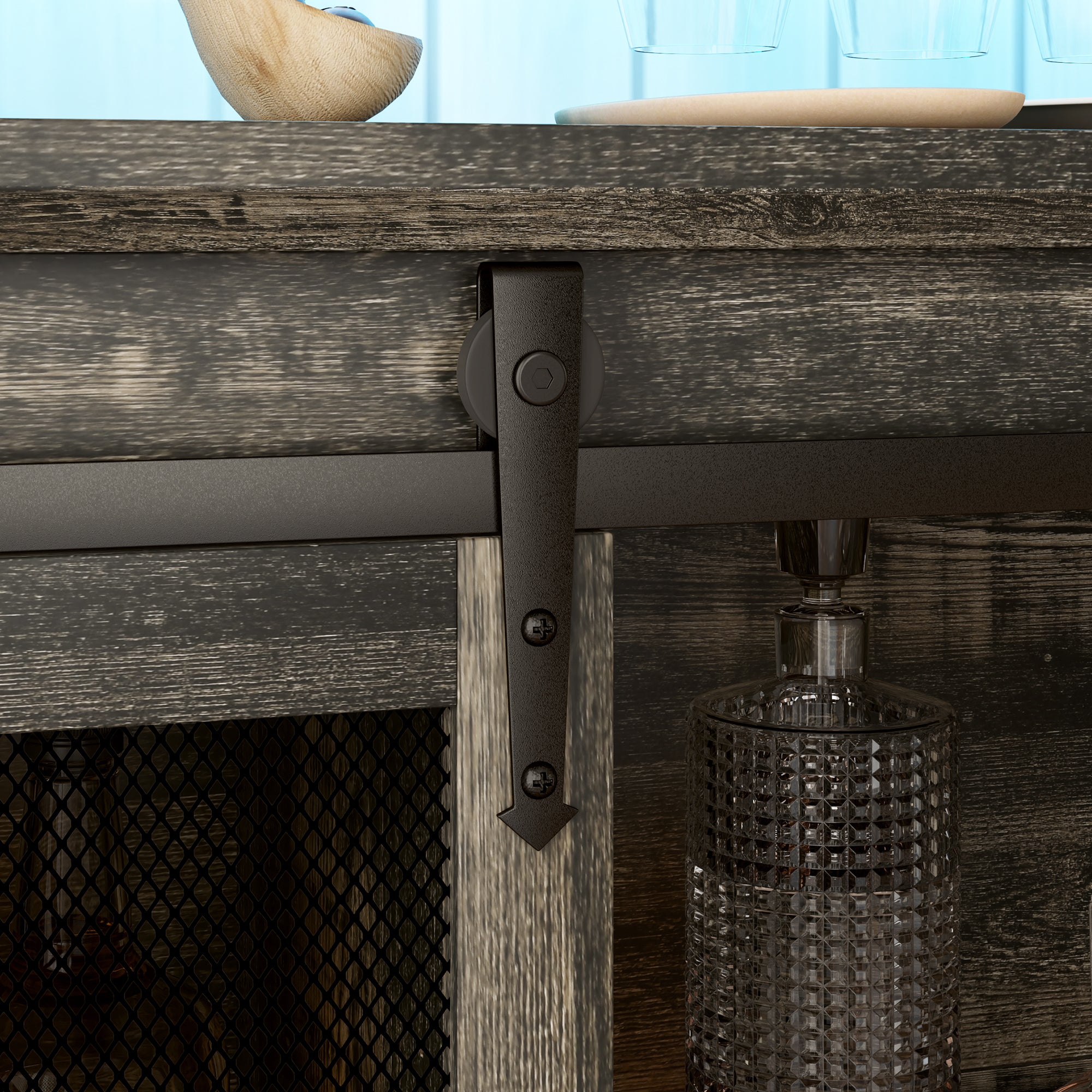 Farmhouse Coffee Bar Cabinet with Smart App Control LED Lights, 55" Wine Bar Cabinet with 12-Bottle Rack, Glass Holder, Kitchen Sideboard Buffet with Sliding Mesh Doors, Distressed Dark Brown