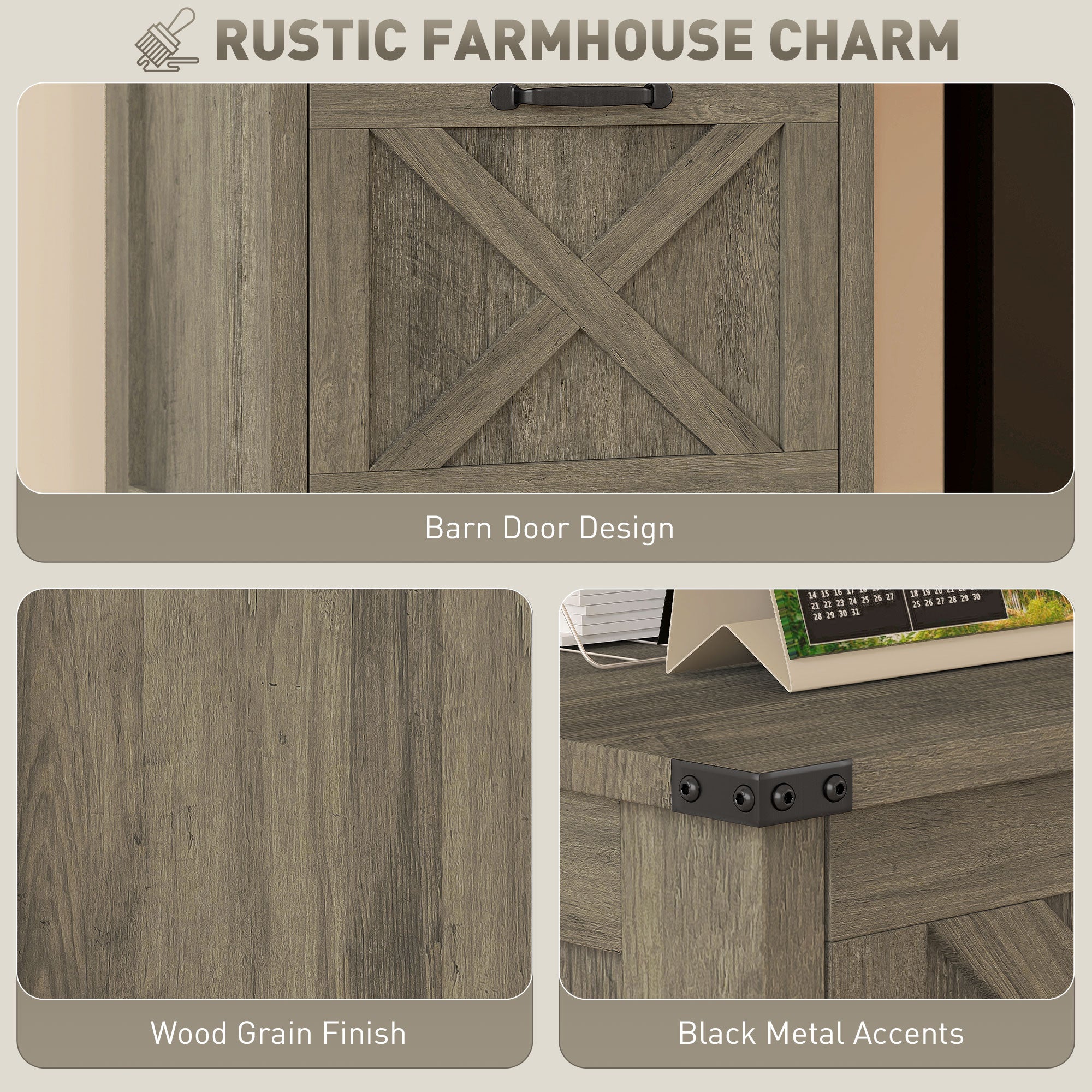 2 Drawer Vertical File Cabinet with Silent Slides, Rustic Farmhouse Filing Cabinet with Barn Doors for A4/Letter Size, Printer Stand with Storage for Home Office, Distressed Gray