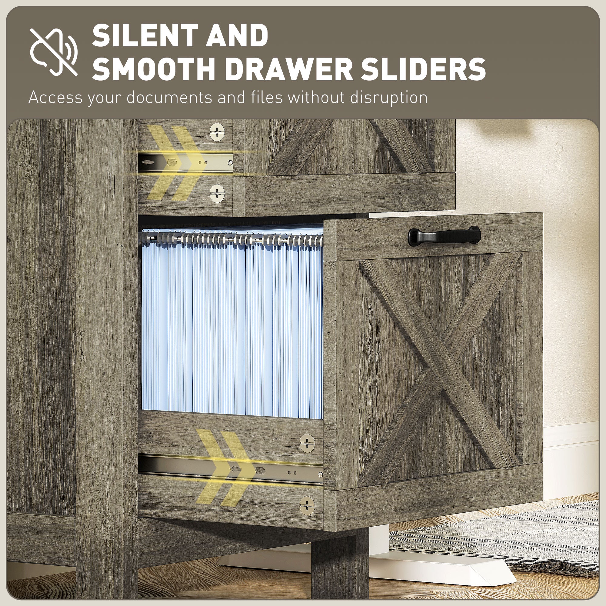 2 Drawer Vertical File Cabinet with Silent Slides, Rustic Farmhouse Filing Cabinet with Barn Doors for A4/Letter Size, Printer Stand with Storage for Home Office, Distressed Gray