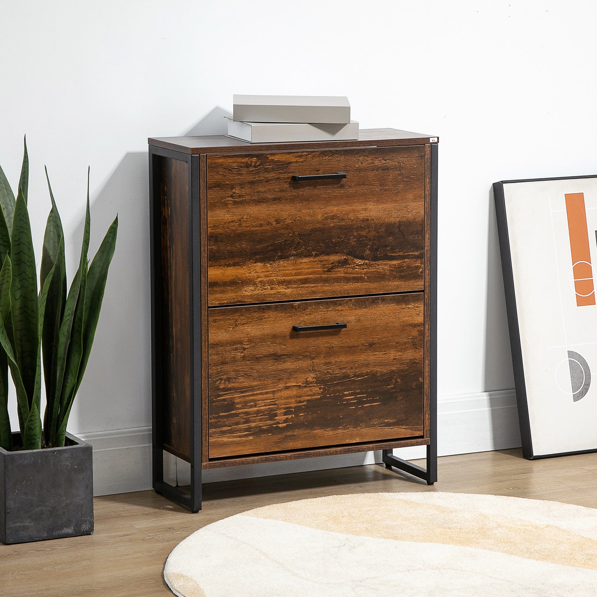 HOMCOM Industrial Shoe Cabinet with 2 Flip Drawers, Narrow Shoe Storage Cabinet for 12 Pairs, Freestanding Slim Shoe Rack for Entryway, Hallway, Rustic Brown