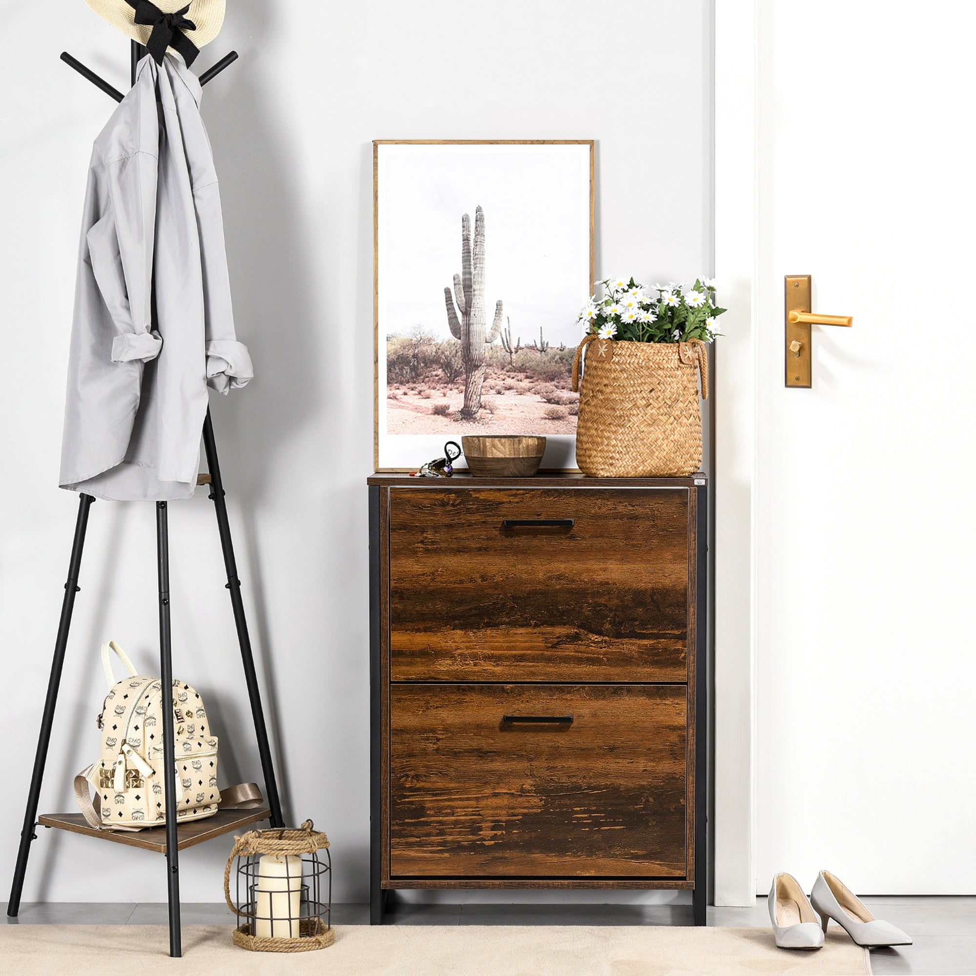 HOMCOM Industrial Shoe Cabinet with 2 Flip Drawers, Narrow Shoe Storage Cabinet for 12 Pairs, Freestanding Slim Shoe Rack for Entryway, Hallway, Rustic Brown