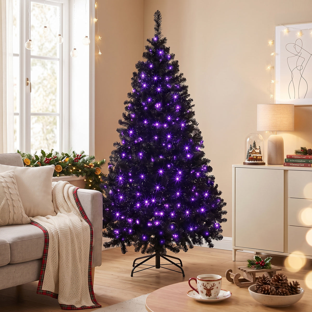 6ft Pre-lit Black Christmas Tree, Artificial Halloween Tree with 680 Purple LED Lights, 680 Tips, Metal Stand, Black