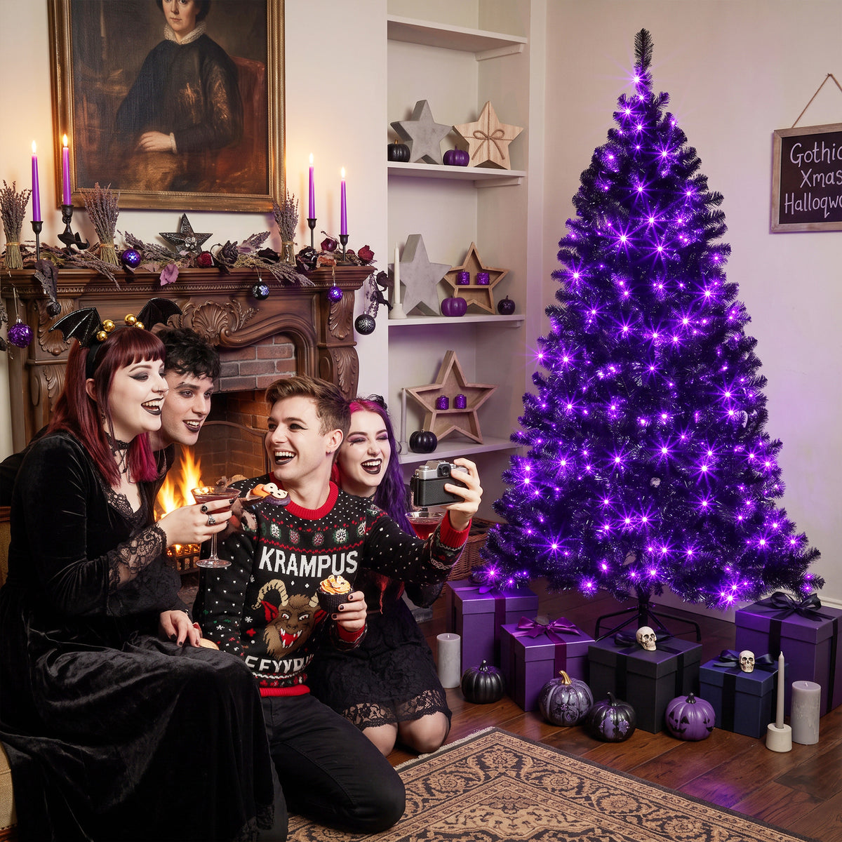 6ft Pre-lit Black Christmas Tree, Artificial Halloween Tree with 680 Purple LED Lights, 680 Tips, Metal Stand, Black