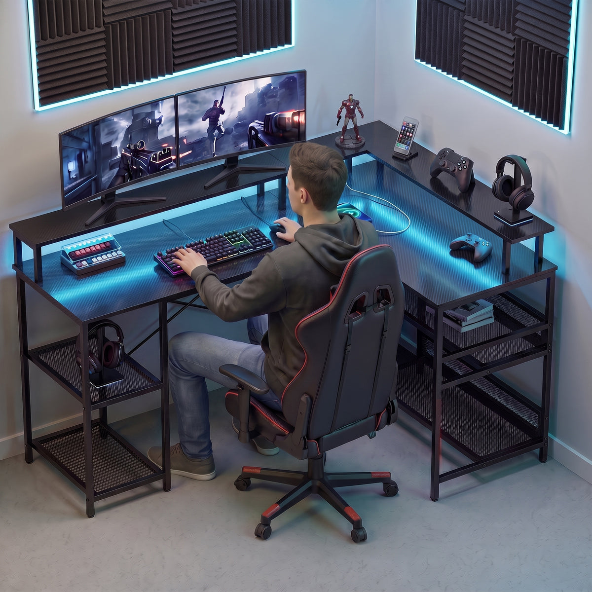 L Shaped Gaming Desk with LED Lights and Power Outlets, 150cm Corner Computer Desk with Monitor Stand and Storage Shelves, Home Office Desk for Small Space, Black Gaming Texture