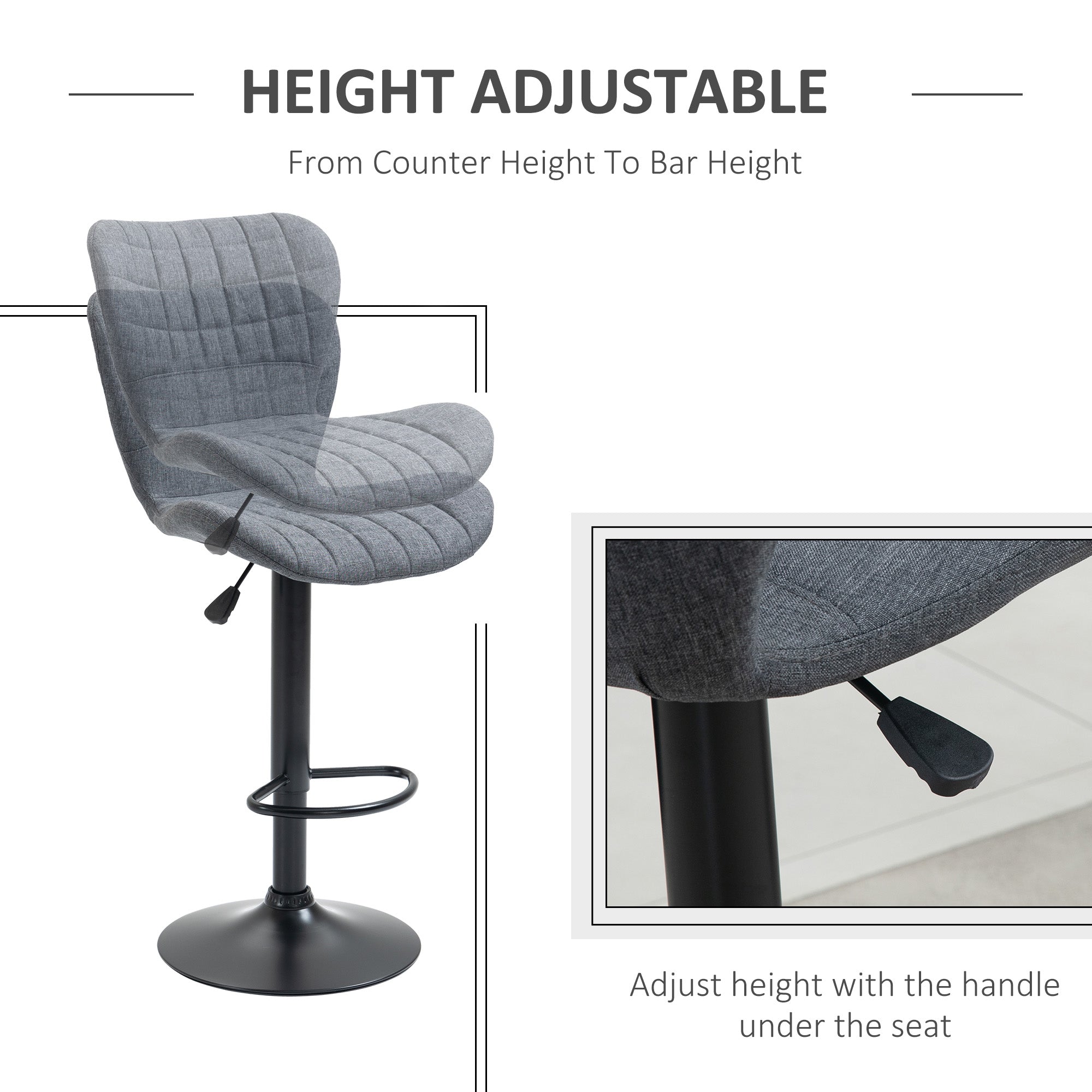 HOMCOM Bar Stools Set of 2, Adjustable Height Swivel Bar Chairs, Linen-feel Fabric Upholstered Kitchen Counter Stools with Wide Seat, Back and Footrest, Grey