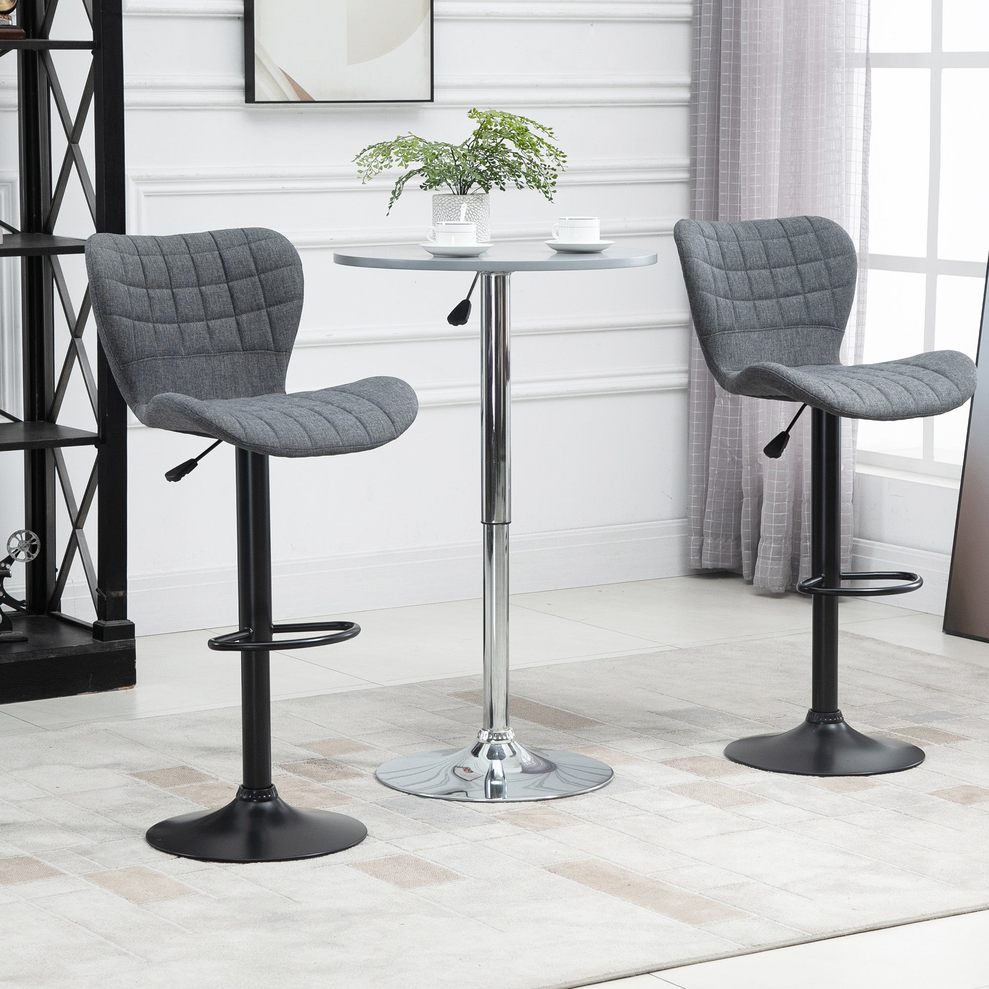 HOMCOM Bar Stools Set of 2, Adjustable Height Swivel Bar Chairs, Linen-feel Fabric Upholstered Kitchen Counter Stools with Wide Seat, Back and Footrest, Grey