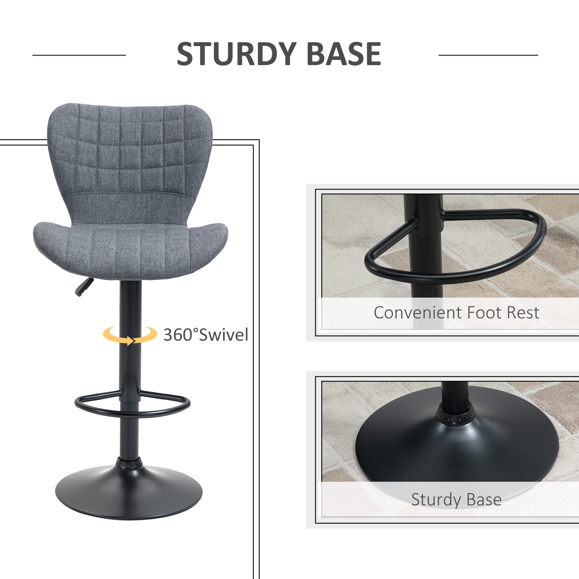 HOMCOM Bar Stools Set of 2, Adjustable Height Swivel Bar Chairs, Linen-feel Fabric Upholstered Kitchen Counter Stools with Wide Seat, Back and Footrest, Grey