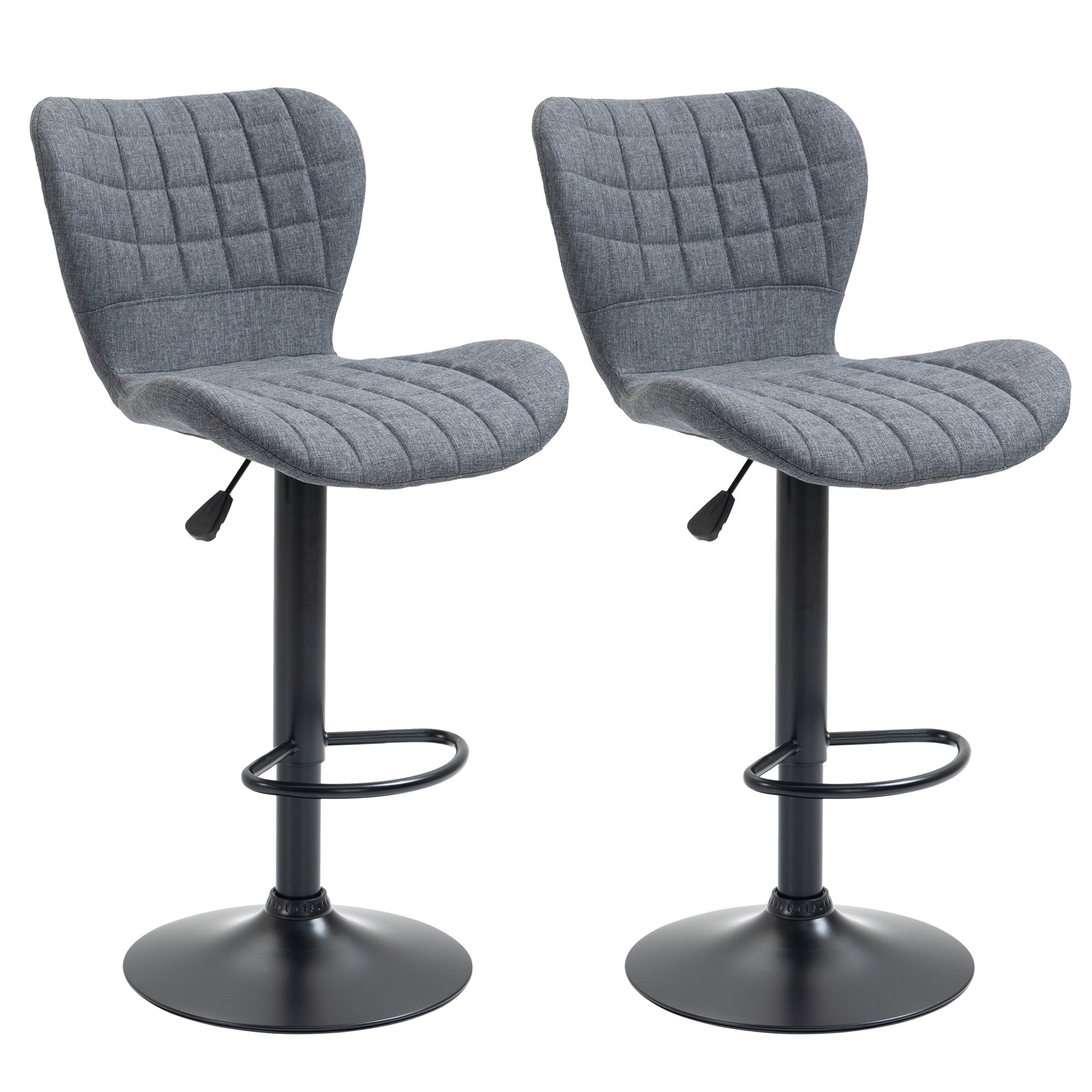 HOMCOM Bar Stools Set of 2, Adjustable Height Swivel Bar Chairs, Linen-feel Fabric Upholstered Kitchen Counter Stools with Wide Seat, Back and Footrest, Grey