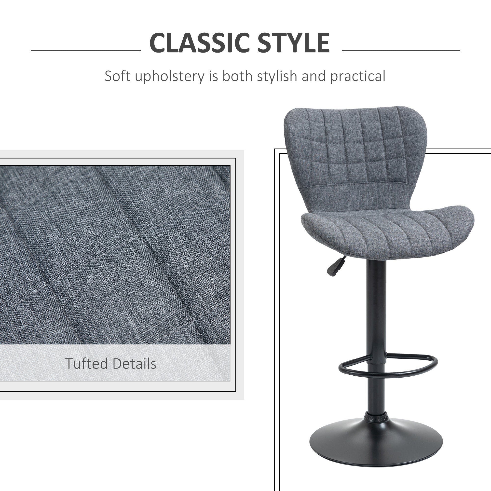 HOMCOM Bar Stools Set of 2, Adjustable Height Swivel Bar Chairs, Linen-feel Fabric Upholstered Kitchen Counter Stools with Wide Seat, Back and Footrest, Grey